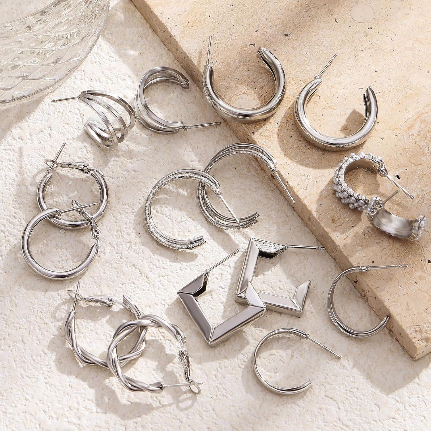 image1624 Pairs Gold Silver Black Earring Set for Women Chunky Earring Multipack Punk Trendy Big Small Stud Hoop Earring Lightweight Twisted Pearl Ear Pack For Daily Birthday Party GiftSilver
