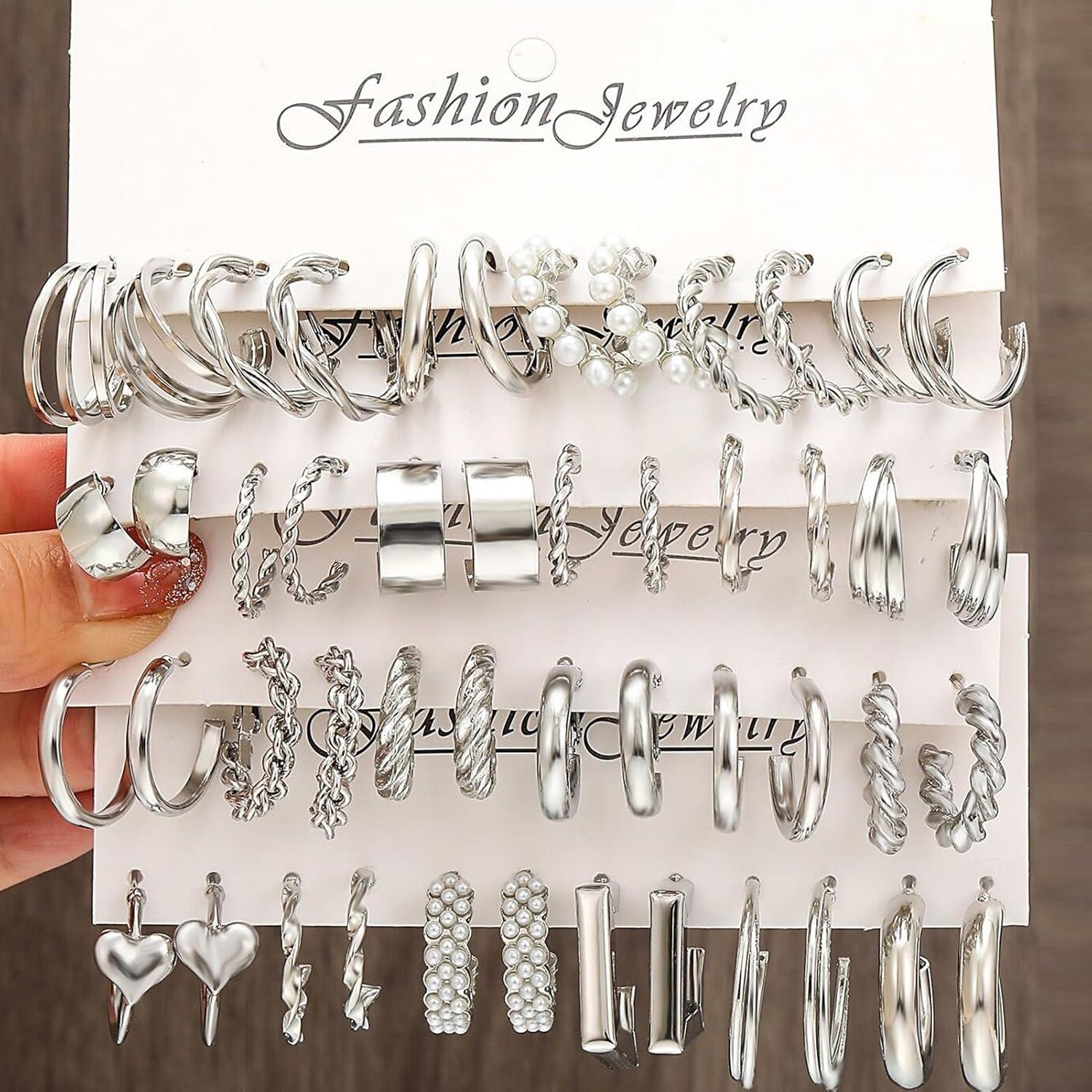 image1624 Pairs Gold Silver Black Earring Set for Women Chunky Earring Multipack Punk Trendy Big Small Stud Hoop Earring Lightweight Twisted Pearl Ear Pack For Daily Birthday Party GiftSilver