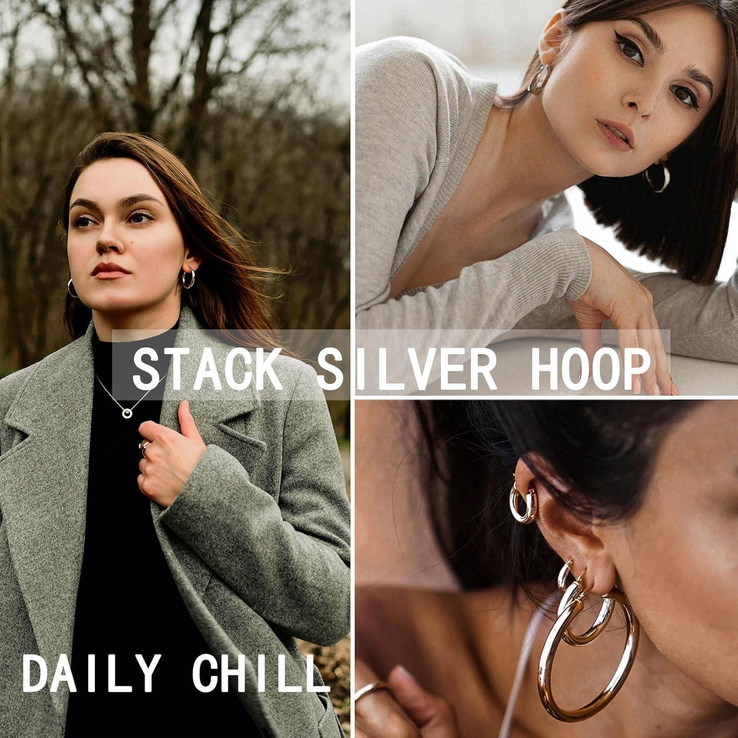 image1624 Pairs Gold Silver Black Earring Set for Women Chunky Earring Multipack Punk Trendy Big Small Stud Hoop Earring Lightweight Twisted Pearl Ear Pack For Daily Birthday Party GiftSilverC