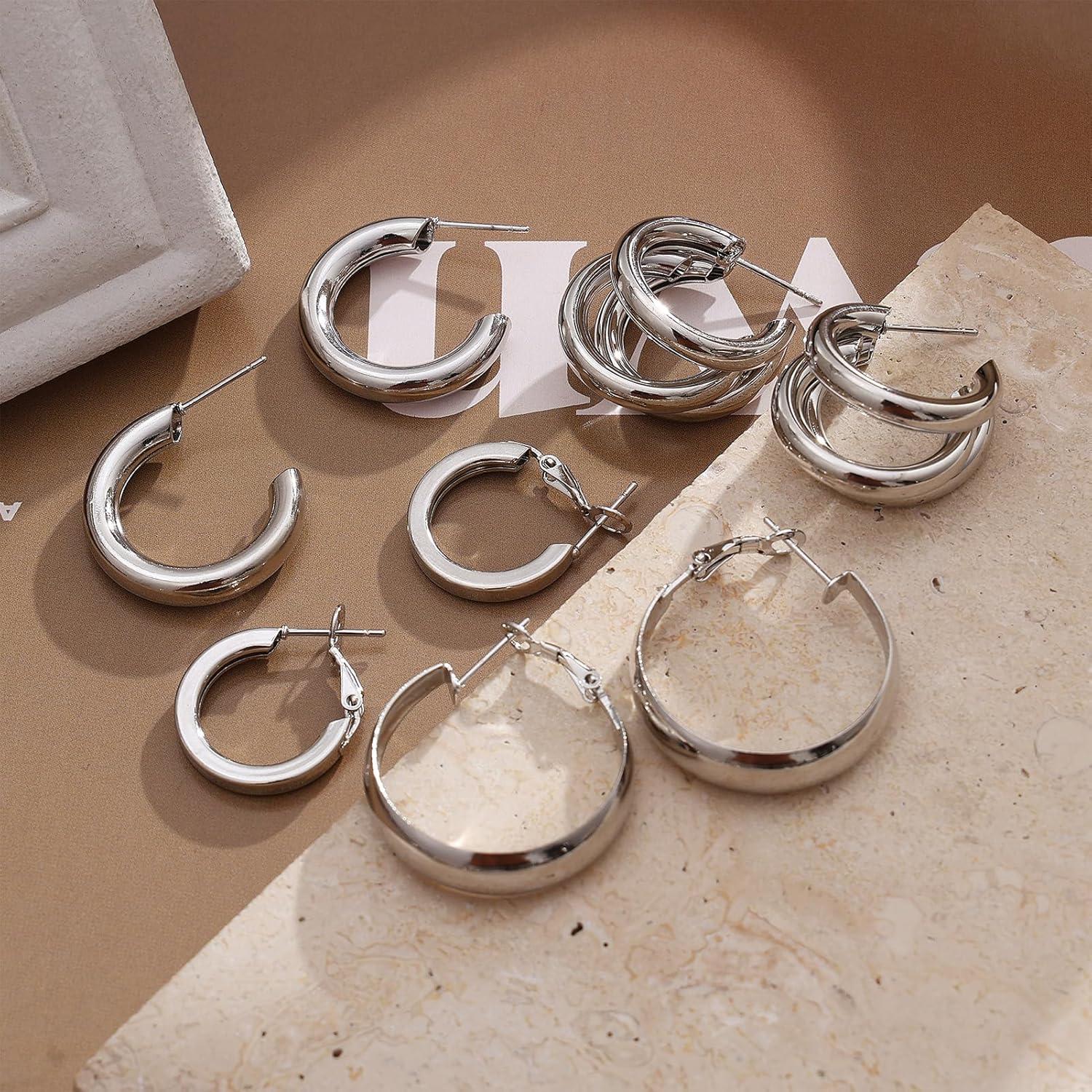 image1624 Pairs Gold Silver Black Earring Set for Women Chunky Earring Multipack Punk Trendy Big Small Stud Hoop Earring Lightweight Twisted Pearl Ear Pack For Daily Birthday Party GiftSilverB