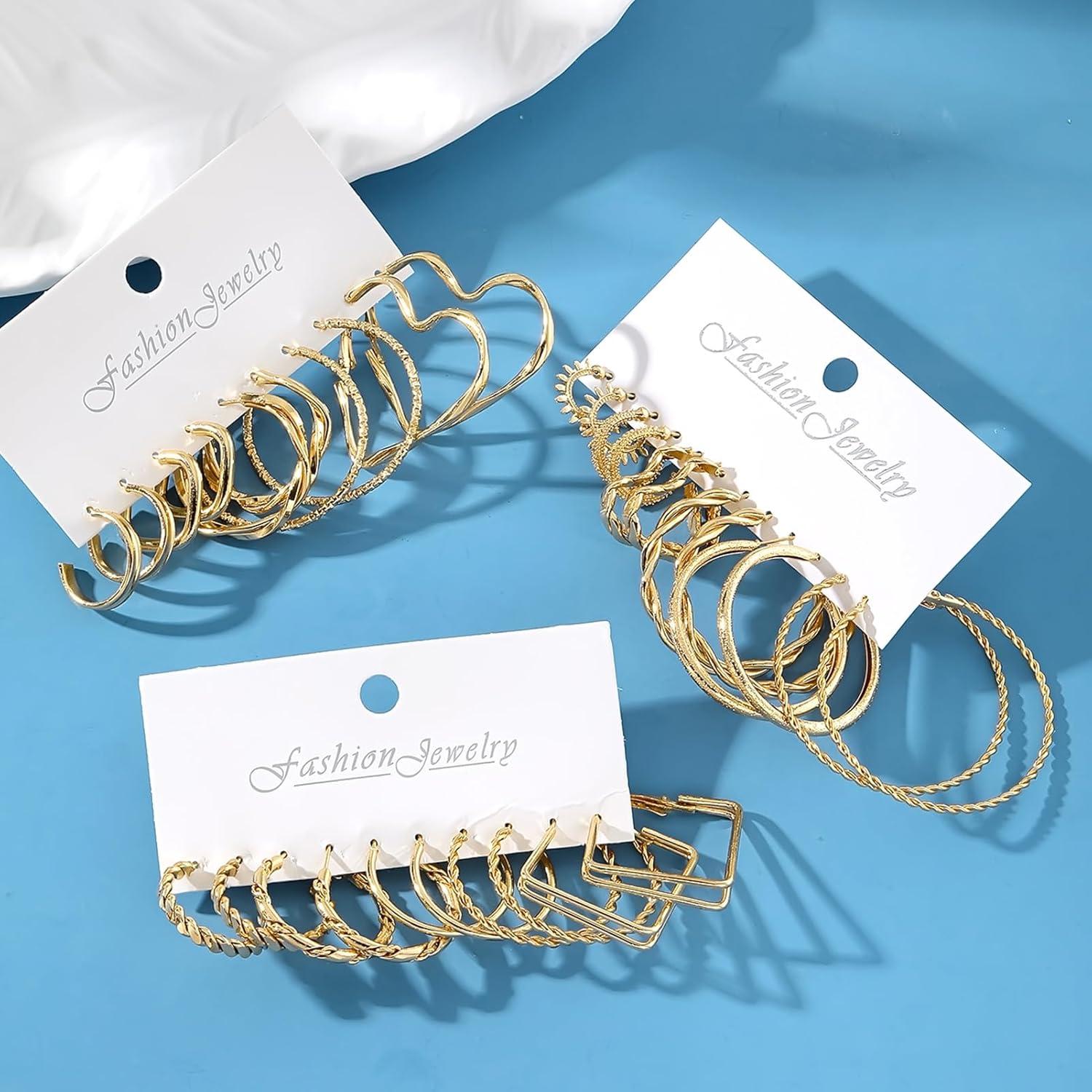 image1624 Pairs Gold Silver Black Earring Set for Women Chunky Earring Multipack Punk Trendy Big Small Stud Hoop Earring Lightweight Twisted Pearl Ear Pack For Daily Birthday Party GiftGoldenB