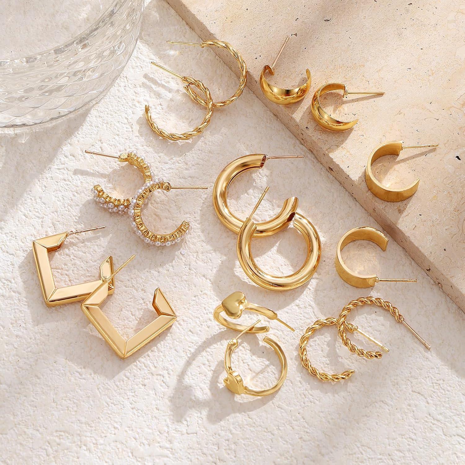 image1624 Pairs Gold Silver Black Earring Set for Women Chunky Earring Multipack Punk Trendy Big Small Stud Hoop Earring Lightweight Twisted Pearl Ear Pack For Daily Birthday Party GiftGolden