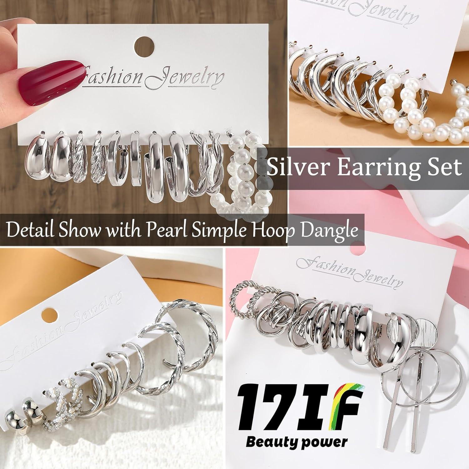 image1624 Pairs Gold Silver Black Earring Set for Women Chunky Earring Multipack Punk Trendy Big Small Stud Hoop Earring Lightweight Twisted Pearl Ear Pack For Daily Birthday Party GiftSilverB