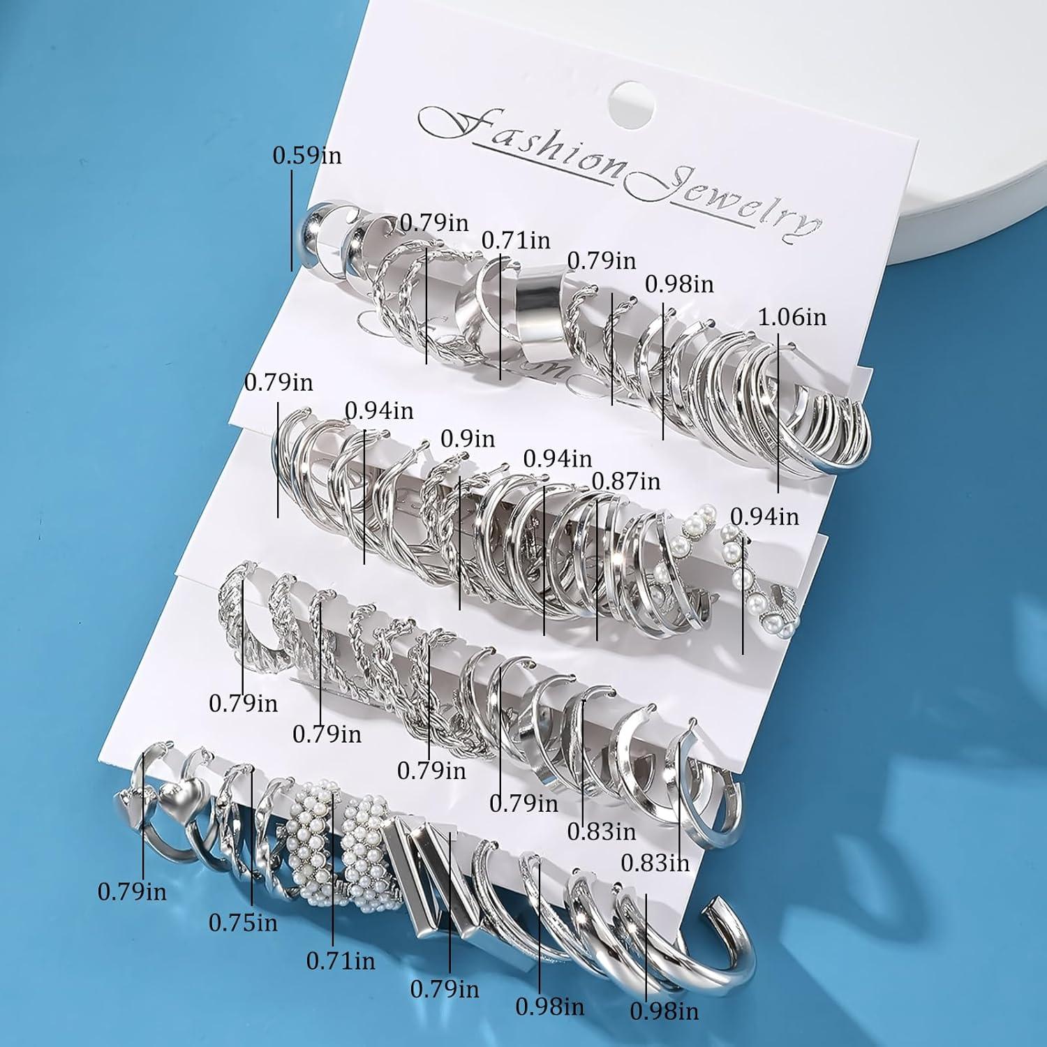 image1624 Pairs Gold Silver Black Earring Set for Women Chunky Earring Multipack Punk Trendy Big Small Stud Hoop Earring Lightweight Twisted Pearl Ear Pack For Daily Birthday Party GiftSilver