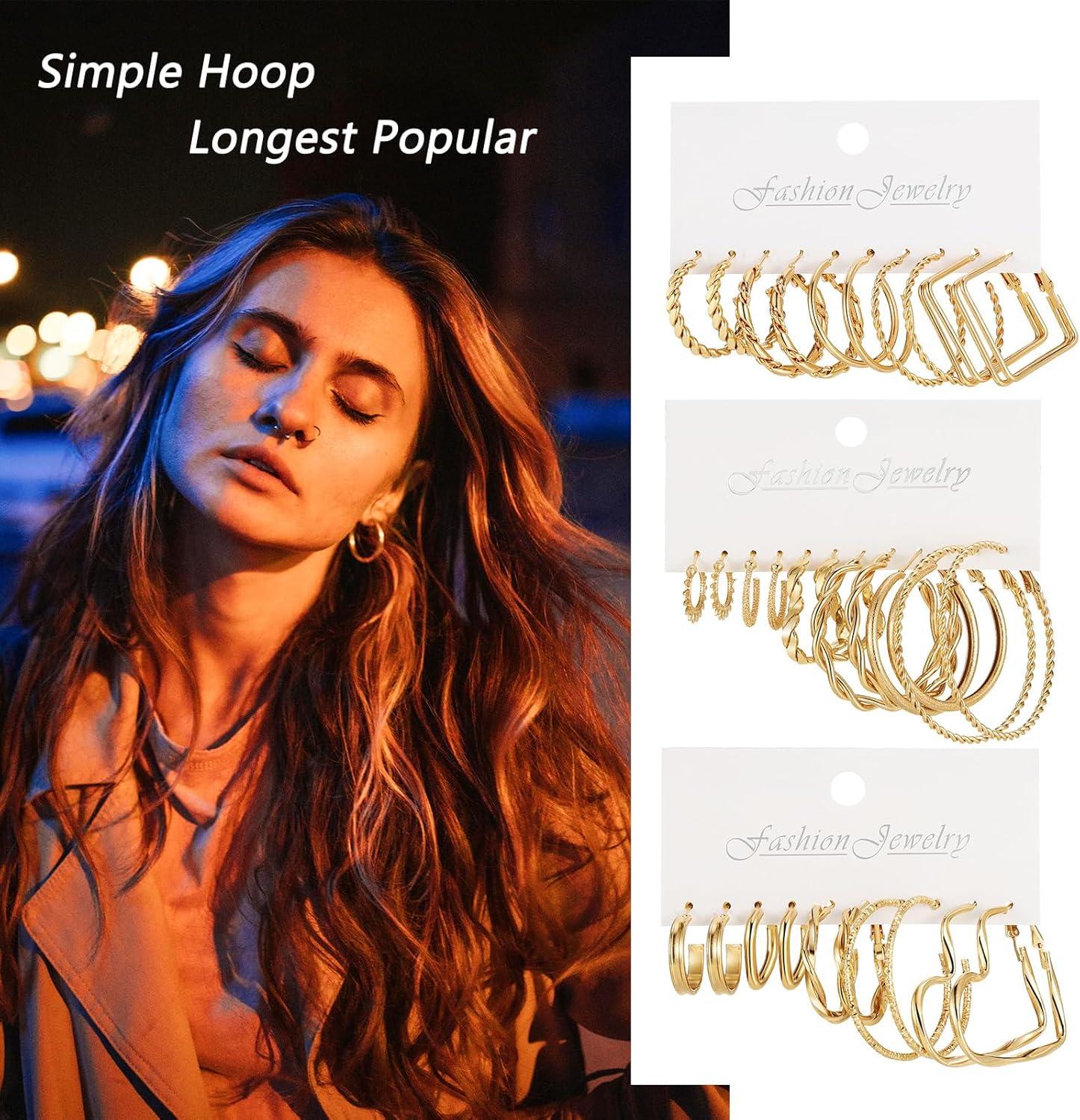 image1624 Pairs Gold Silver Black Earring Set for Women Chunky Earring Multipack Punk Trendy Big Small Stud Hoop Earring Lightweight Twisted Pearl Ear Pack For Daily Birthday Party GiftGoldenB