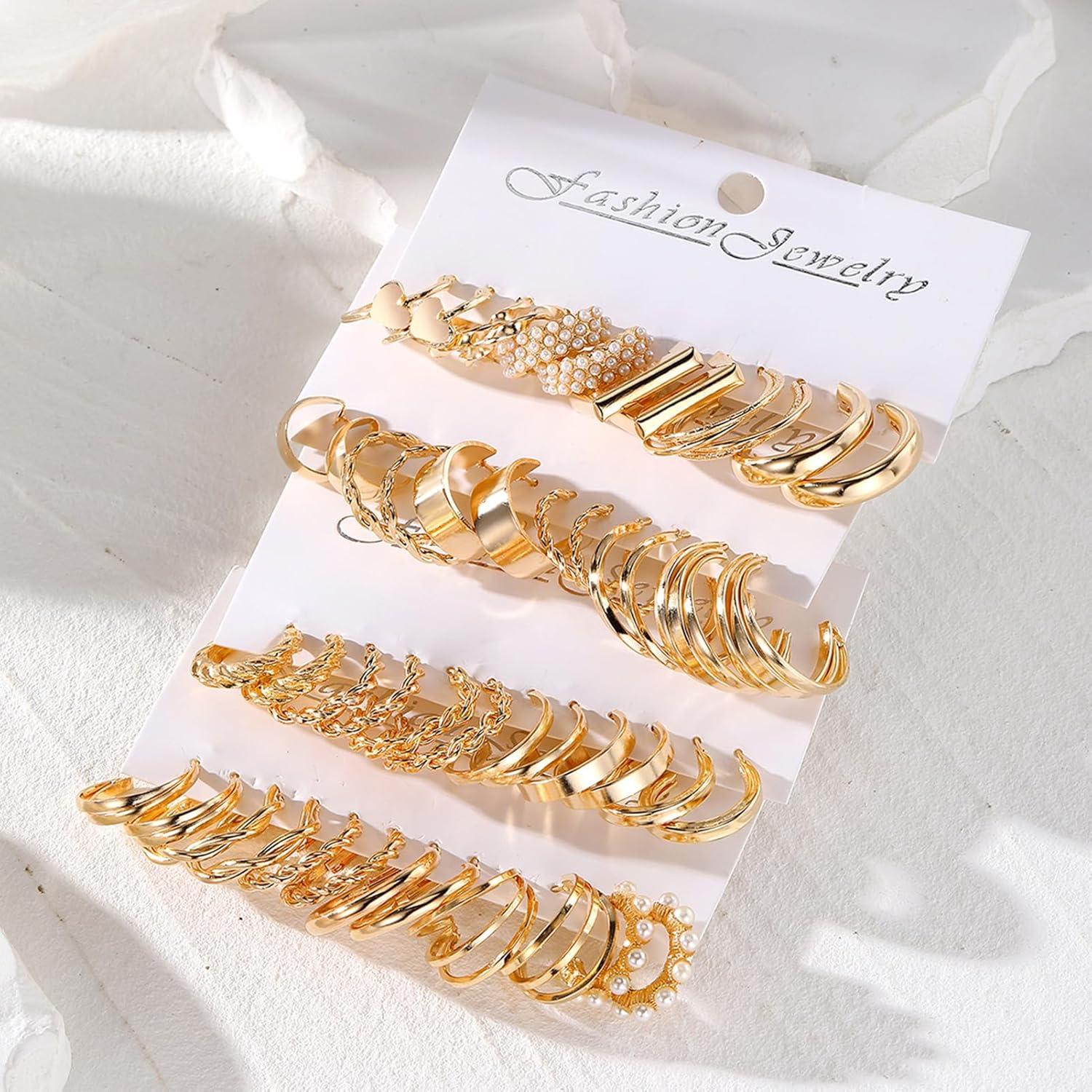 image1624 Pairs Gold Silver Black Earring Set for Women Chunky Earring Multipack Punk Trendy Big Small Stud Hoop Earring Lightweight Twisted Pearl Ear Pack For Daily Birthday Party GiftGolden