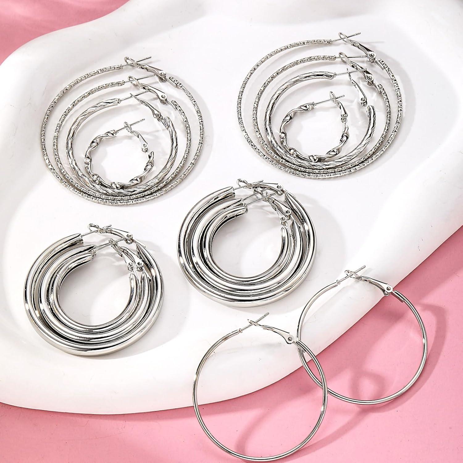 image1624 Pairs Gold Silver Black Earring Set for Women Chunky Earring Multipack Punk Trendy Big Small Stud Hoop Earring Lightweight Twisted Pearl Ear Pack For Daily Birthday Party GiftSilverC