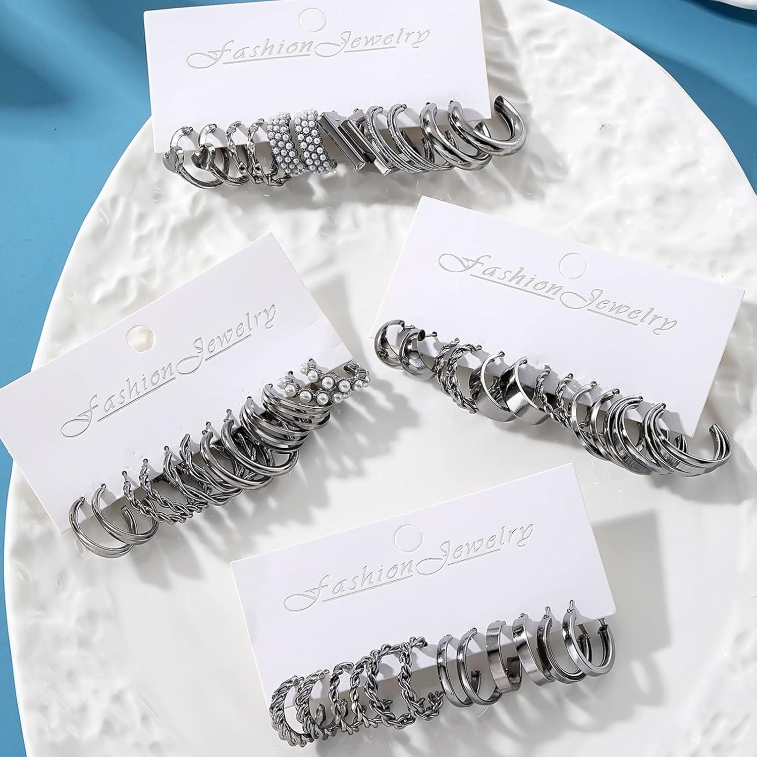 image1624 Pairs Gold Silver Black Earring Set for Women Chunky Earring Multipack Punk Trendy Big Small Stud Hoop Earring Lightweight Twisted Pearl Ear Pack For Daily Birthday Party GiftSilver Black