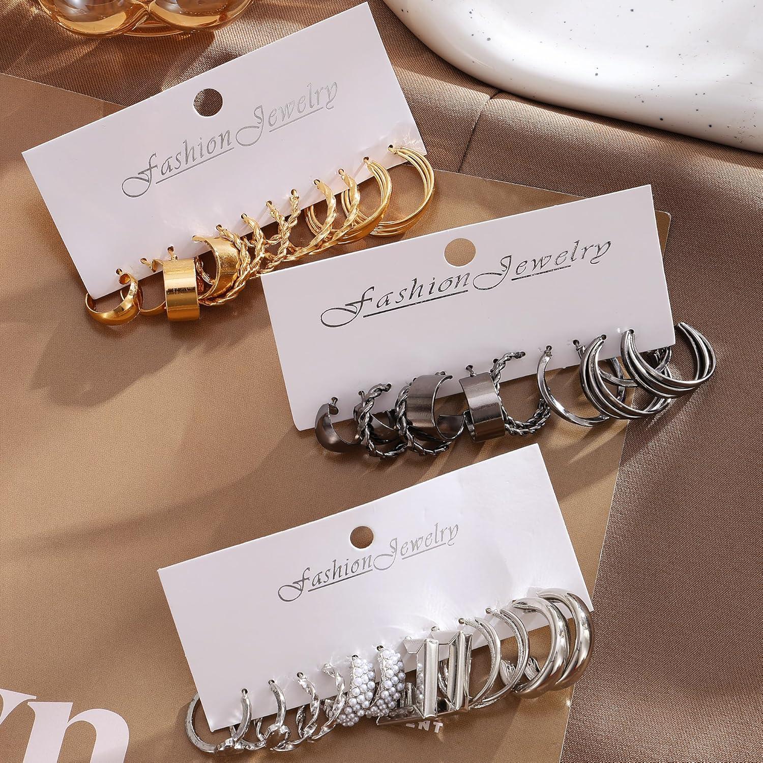 image1624 Pairs Gold Silver Black Earring Set for Women Chunky Earring Multipack Punk Trendy Big Small Stud Hoop Earring Lightweight Twisted Pearl Ear Pack For Daily Birthday Party GiftSilver Black