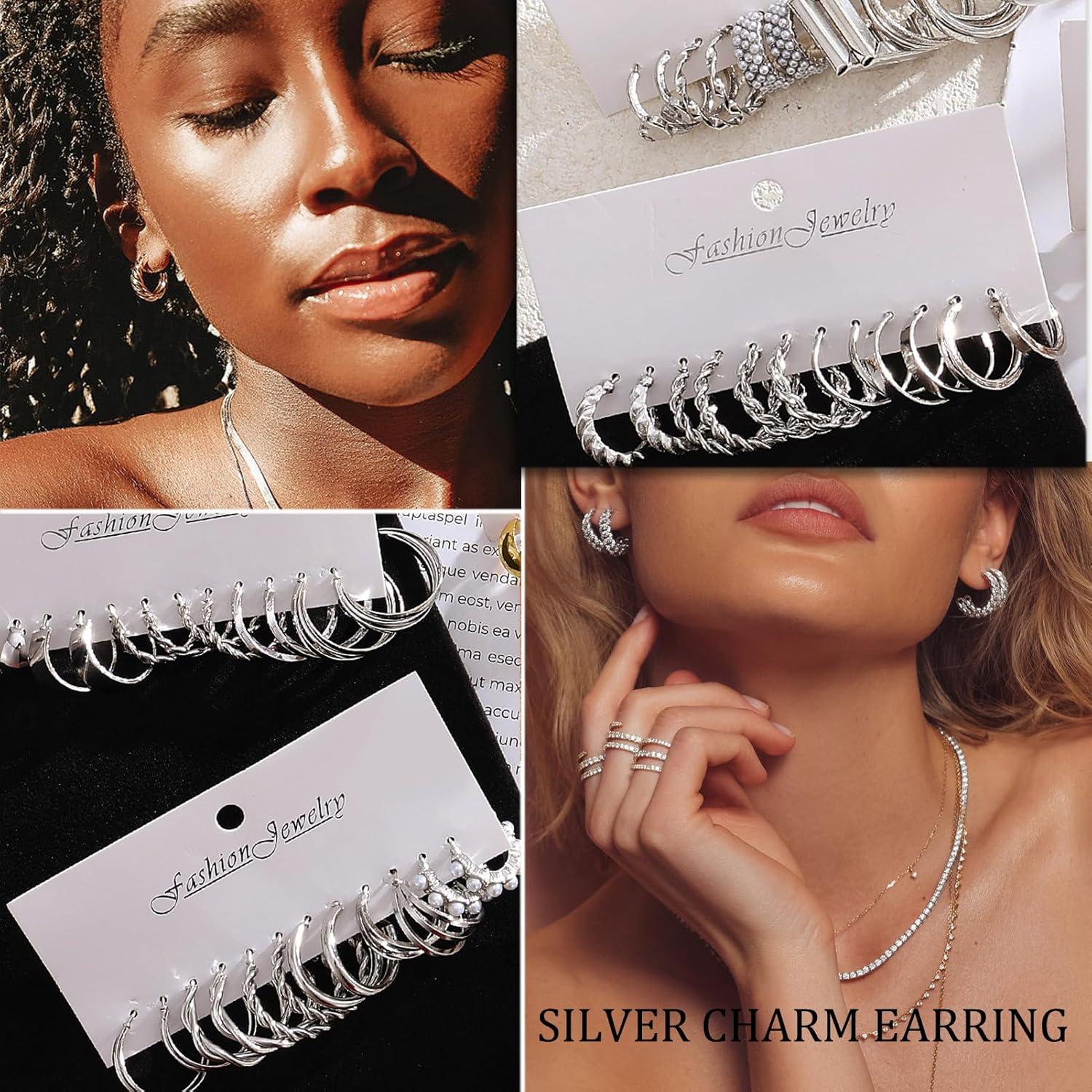 image1624 Pairs Gold Silver Black Earring Set for Women Chunky Earring Multipack Punk Trendy Big Small Stud Hoop Earring Lightweight Twisted Pearl Ear Pack For Daily Birthday Party GiftSilver