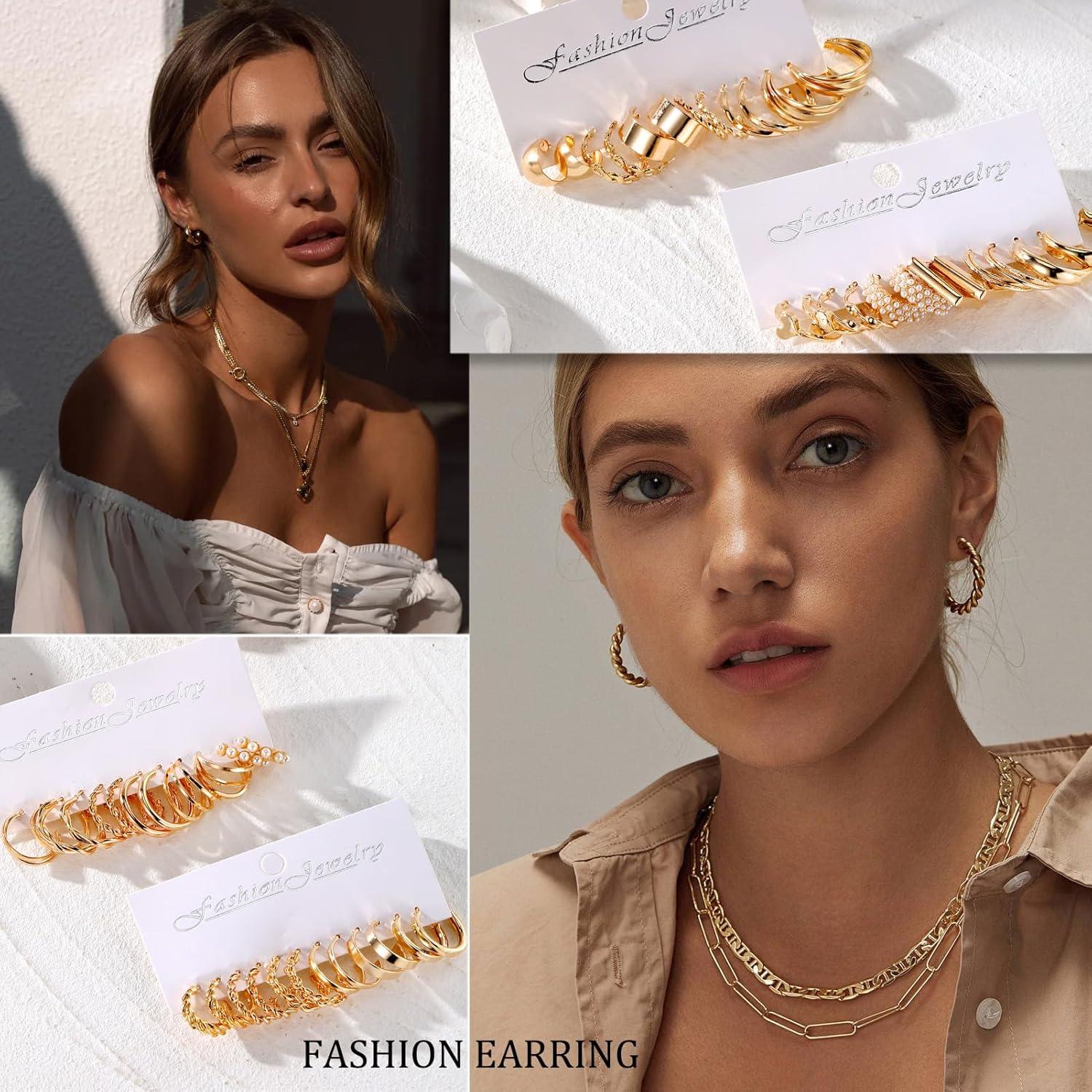 image1624 Pairs Gold Silver Black Earring Set for Women Chunky Earring Multipack Punk Trendy Big Small Stud Hoop Earring Lightweight Twisted Pearl Ear Pack For Daily Birthday Party GiftGolden