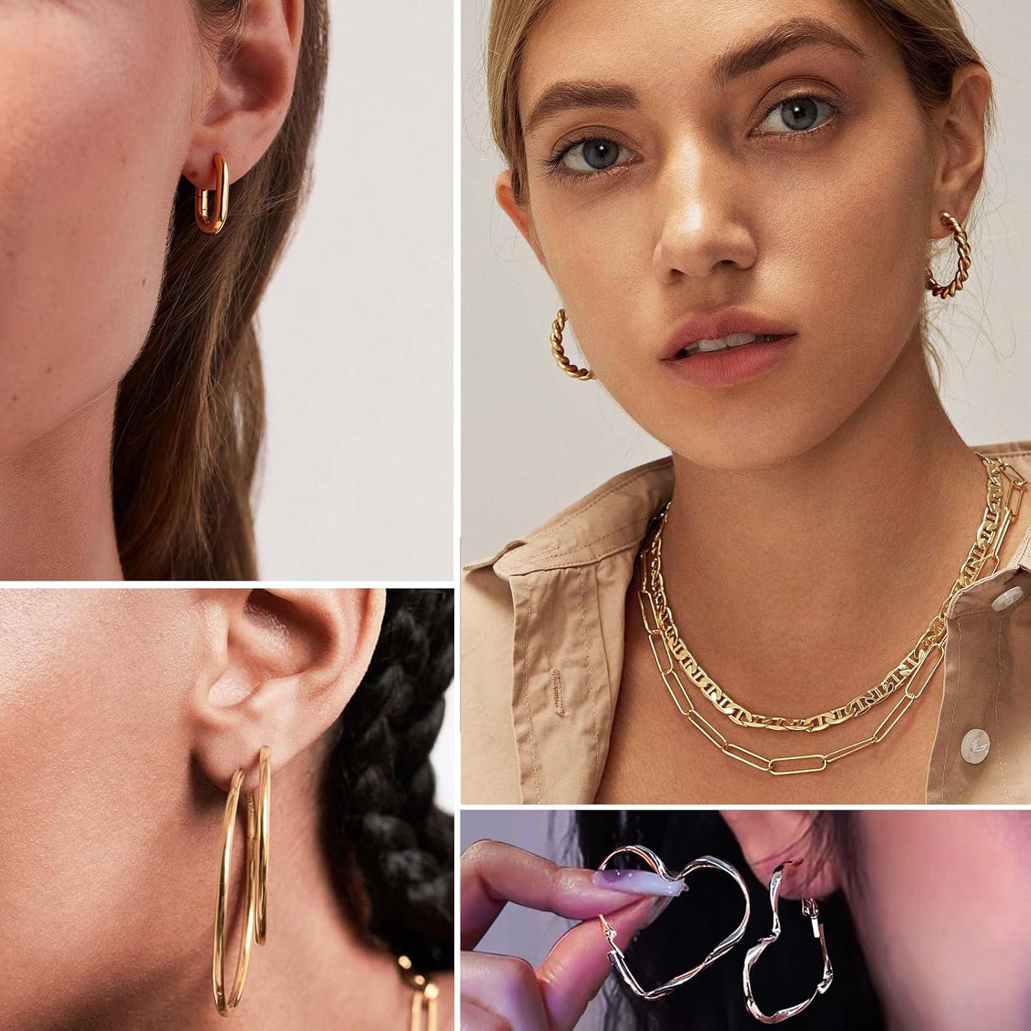 image1624 Pairs Gold Silver Black Earring Set for Women Chunky Earring Multipack Punk Trendy Big Small Stud Hoop Earring Lightweight Twisted Pearl Ear Pack For Daily Birthday Party GiftGoldenB