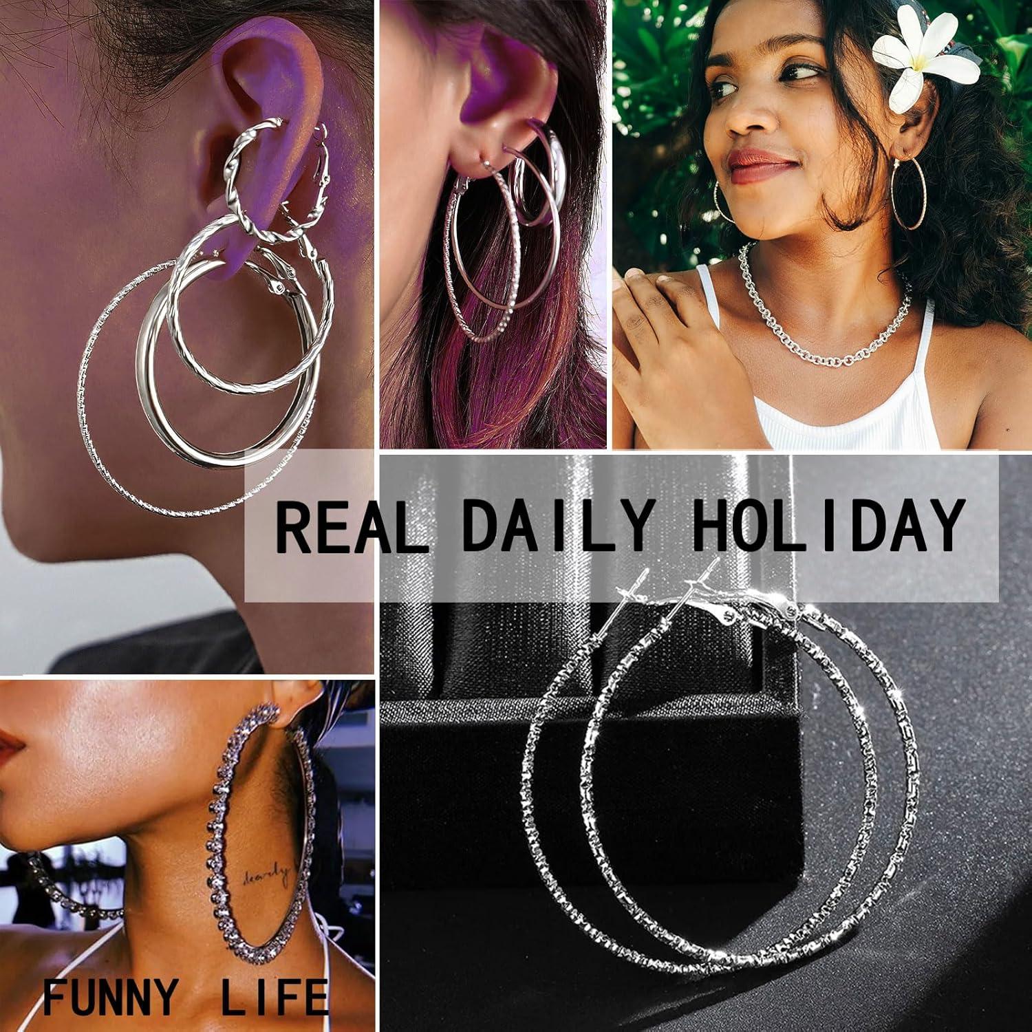 image1624 Pairs Gold Silver Black Earring Set for Women Chunky Earring Multipack Punk Trendy Big Small Stud Hoop Earring Lightweight Twisted Pearl Ear Pack For Daily Birthday Party GiftSilverC
