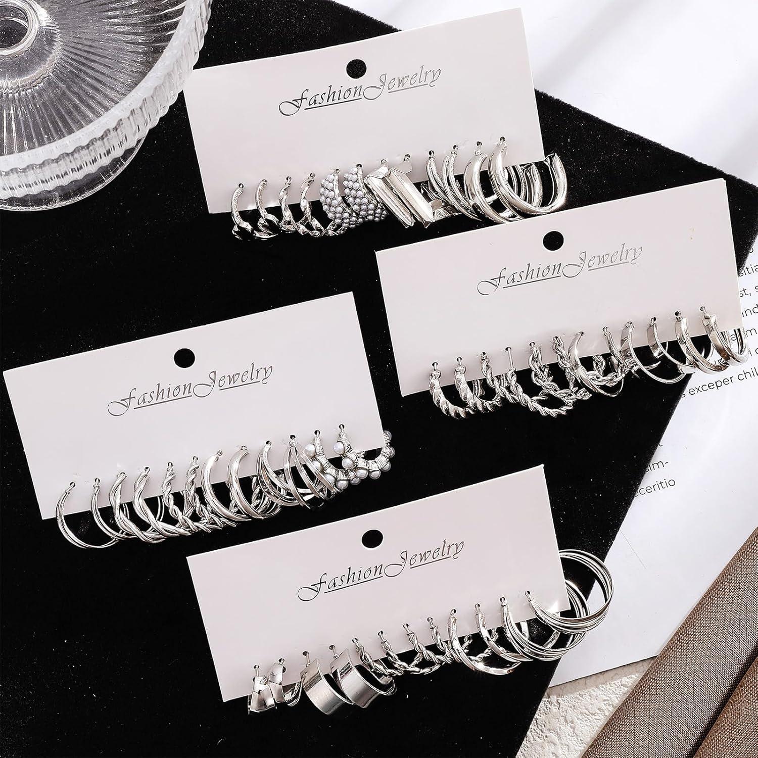 image1624 Pairs Gold Silver Black Earring Set for Women Chunky Earring Multipack Punk Trendy Big Small Stud Hoop Earring Lightweight Twisted Pearl Ear Pack For Daily Birthday Party GiftSilver