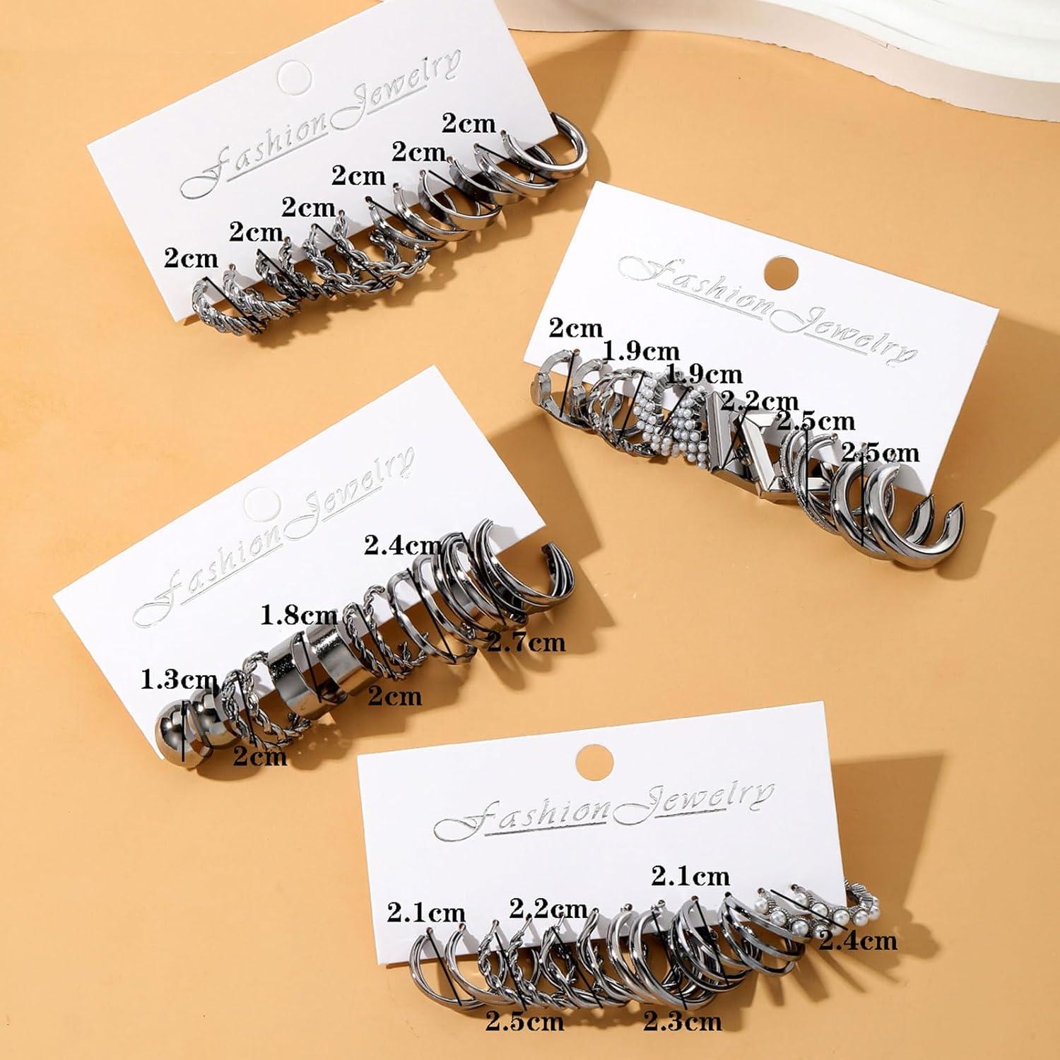 image1624 Pairs Gold Silver Black Earring Set for Women Chunky Earring Multipack Punk Trendy Big Small Stud Hoop Earring Lightweight Twisted Pearl Ear Pack For Daily Birthday Party GiftSilver Black
