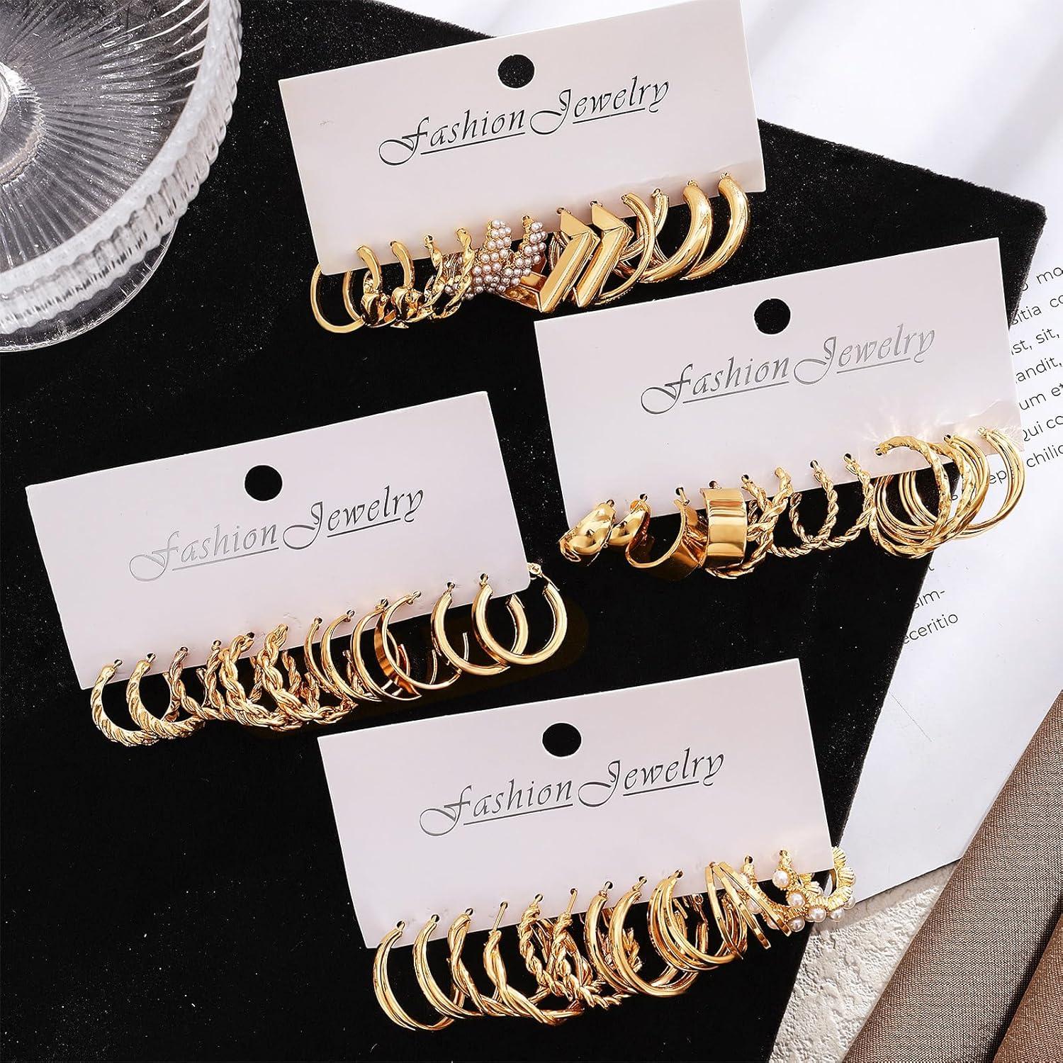 image1624 Pairs Gold Silver Black Earring Set for Women Chunky Earring Multipack Punk Trendy Big Small Stud Hoop Earring Lightweight Twisted Pearl Ear Pack For Daily Birthday Party GiftGolden
