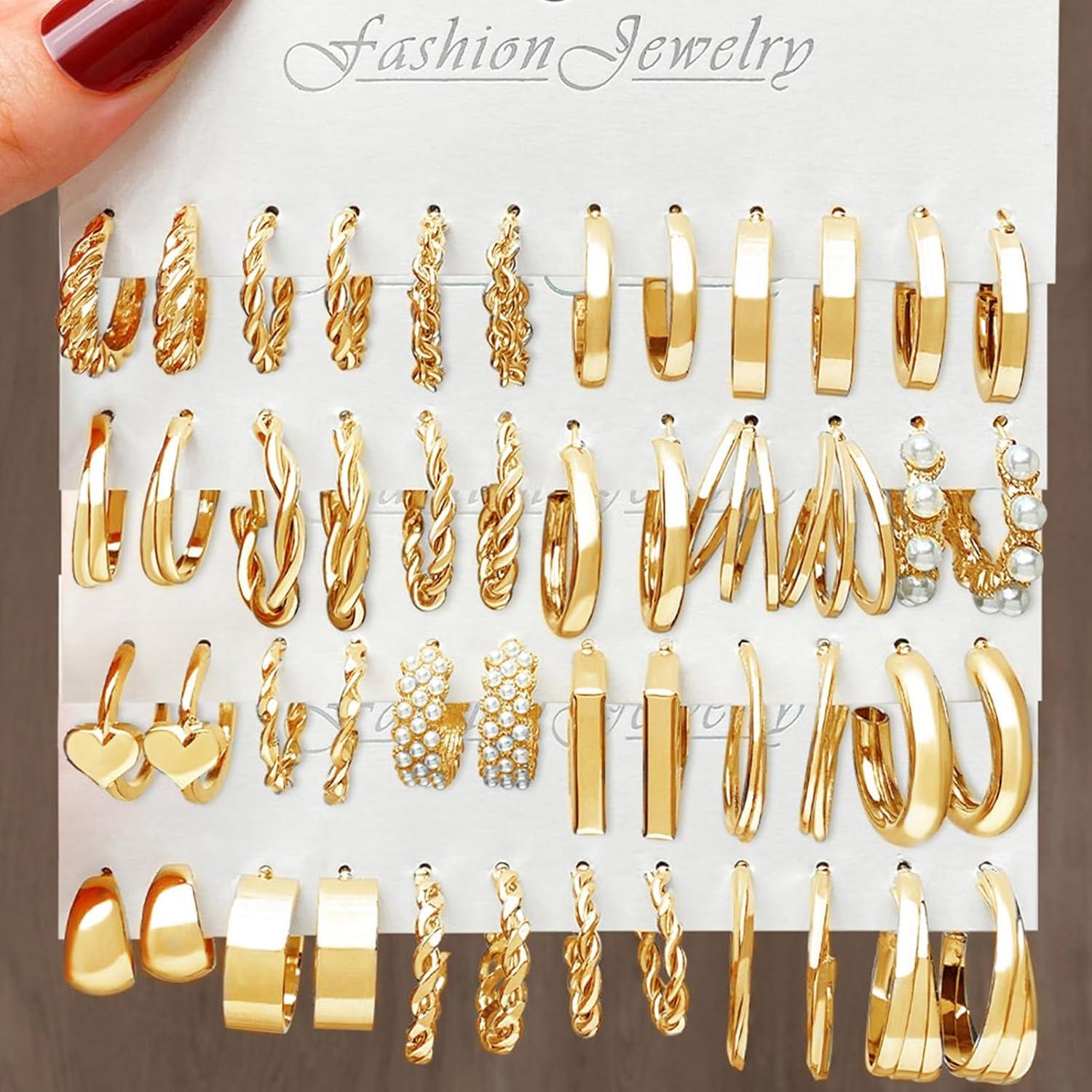 image1624 Pairs Gold Silver Black Earring Set for Women Chunky Earring Multipack Punk Trendy Big Small Stud Hoop Earring Lightweight Twisted Pearl Ear Pack For Daily Birthday Party GiftGolden