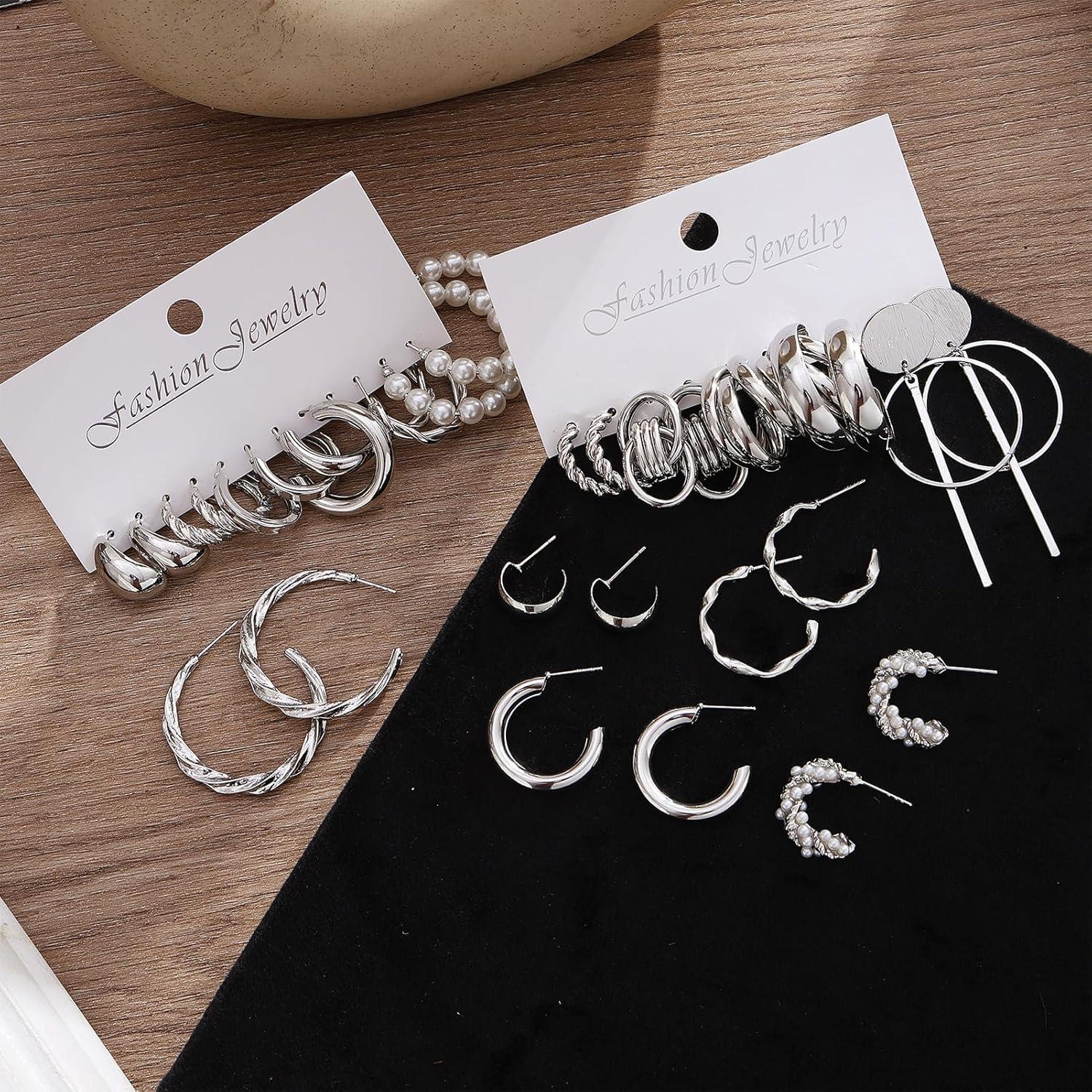 image1624 Pairs Gold Silver Black Earring Set for Women Chunky Earring Multipack Punk Trendy Big Small Stud Hoop Earring Lightweight Twisted Pearl Ear Pack For Daily Birthday Party GiftSilverB