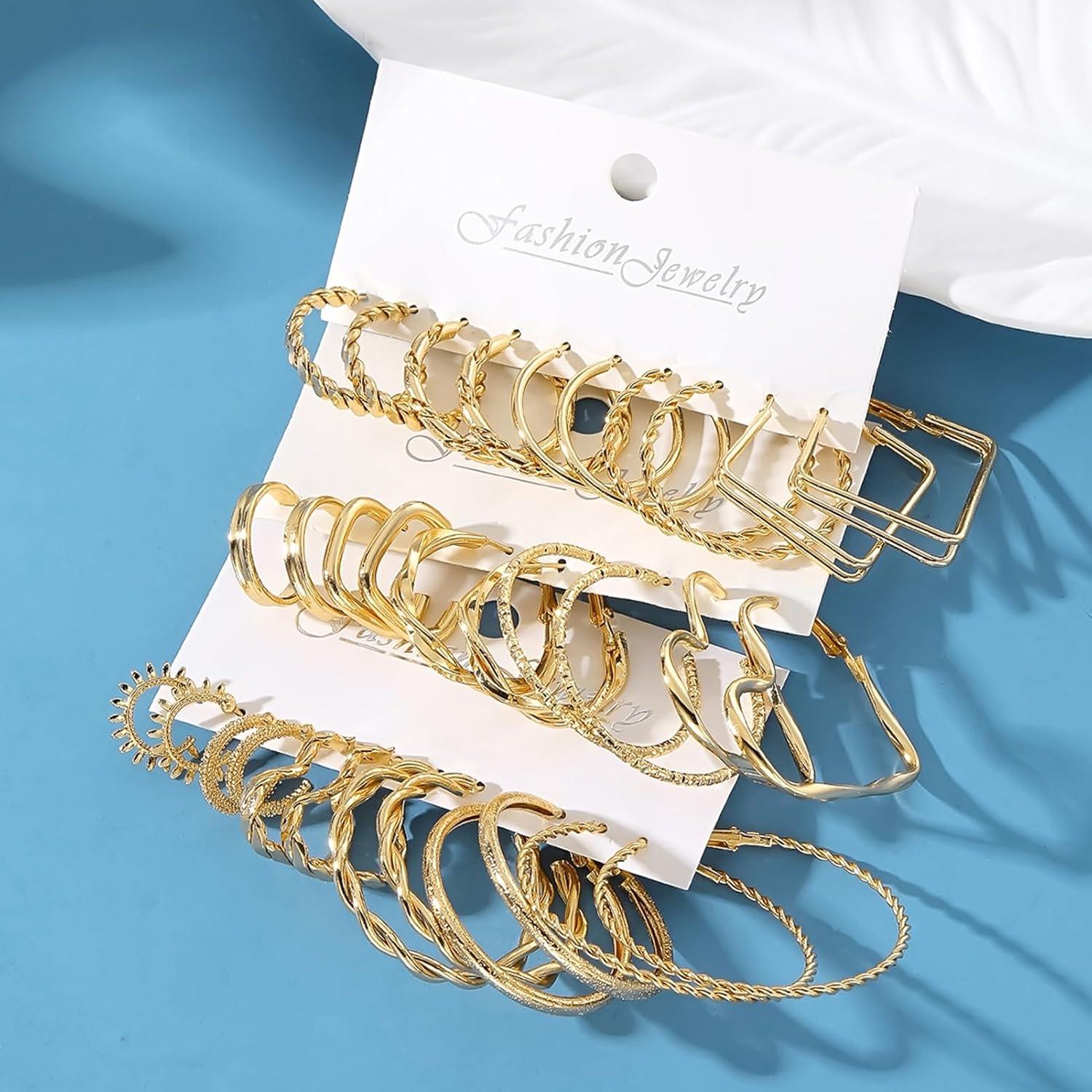 image1624 Pairs Gold Silver Black Earring Set for Women Chunky Earring Multipack Punk Trendy Big Small Stud Hoop Earring Lightweight Twisted Pearl Ear Pack For Daily Birthday Party GiftGoldenB