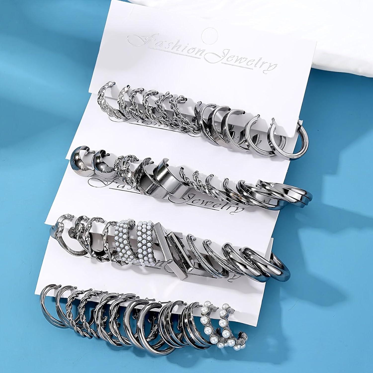 image1624 Pairs Gold Silver Black Earring Set for Women Chunky Earring Multipack Punk Trendy Big Small Stud Hoop Earring Lightweight Twisted Pearl Ear Pack For Daily Birthday Party GiftSilver Black