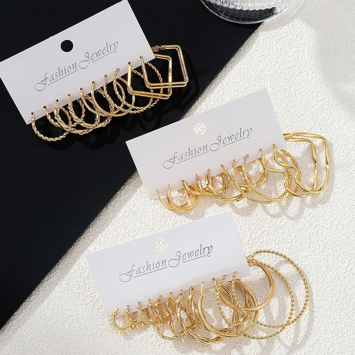image1624 Pairs Gold Silver Black Earring Set for Women Chunky Earring Multipack Punk Trendy Big Small Stud Hoop Earring Lightweight Twisted Pearl Ear Pack For Daily Birthday Party GiftGoldenB