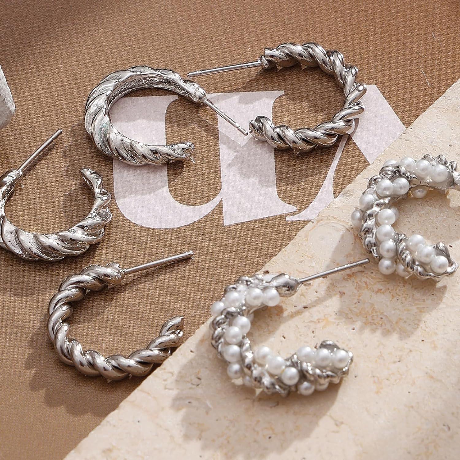 image1624 Pairs Gold Silver Black Earring Set for Women Chunky Earring Multipack Punk Trendy Big Small Stud Hoop Earring Lightweight Twisted Pearl Ear Pack For Daily Birthday Party GiftSilverB