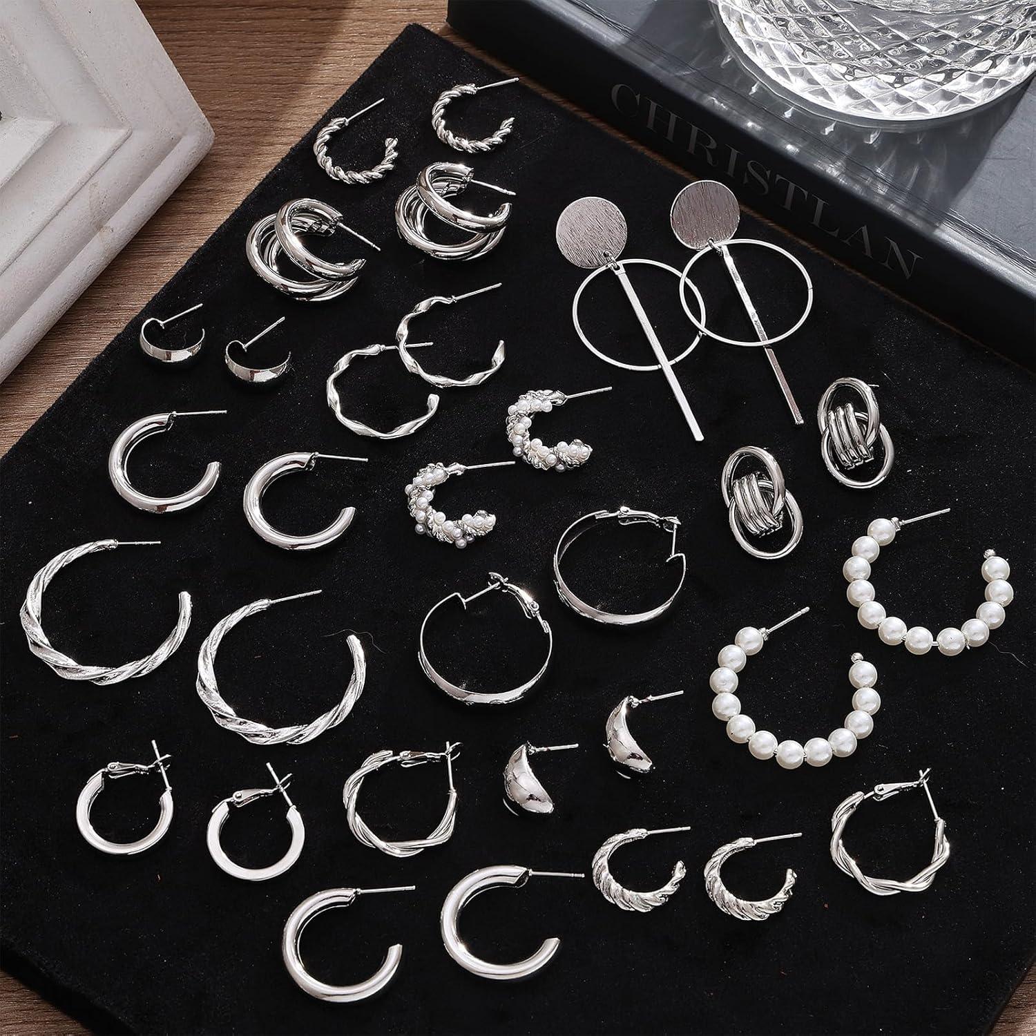 image1624 Pairs Gold Silver Black Earring Set for Women Chunky Earring Multipack Punk Trendy Big Small Stud Hoop Earring Lightweight Twisted Pearl Ear Pack For Daily Birthday Party GiftSilverB
