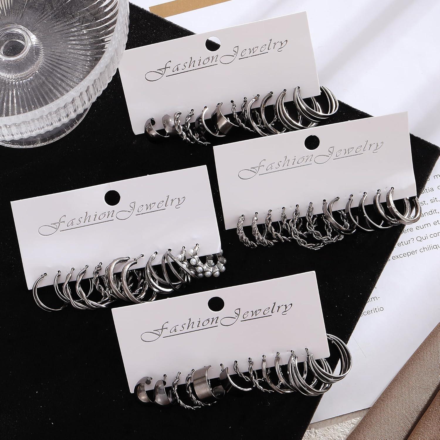 image1624 Pairs Gold Silver Black Earring Set for Women Chunky Earring Multipack Punk Trendy Big Small Stud Hoop Earring Lightweight Twisted Pearl Ear Pack For Daily Birthday Party GiftSilver Black