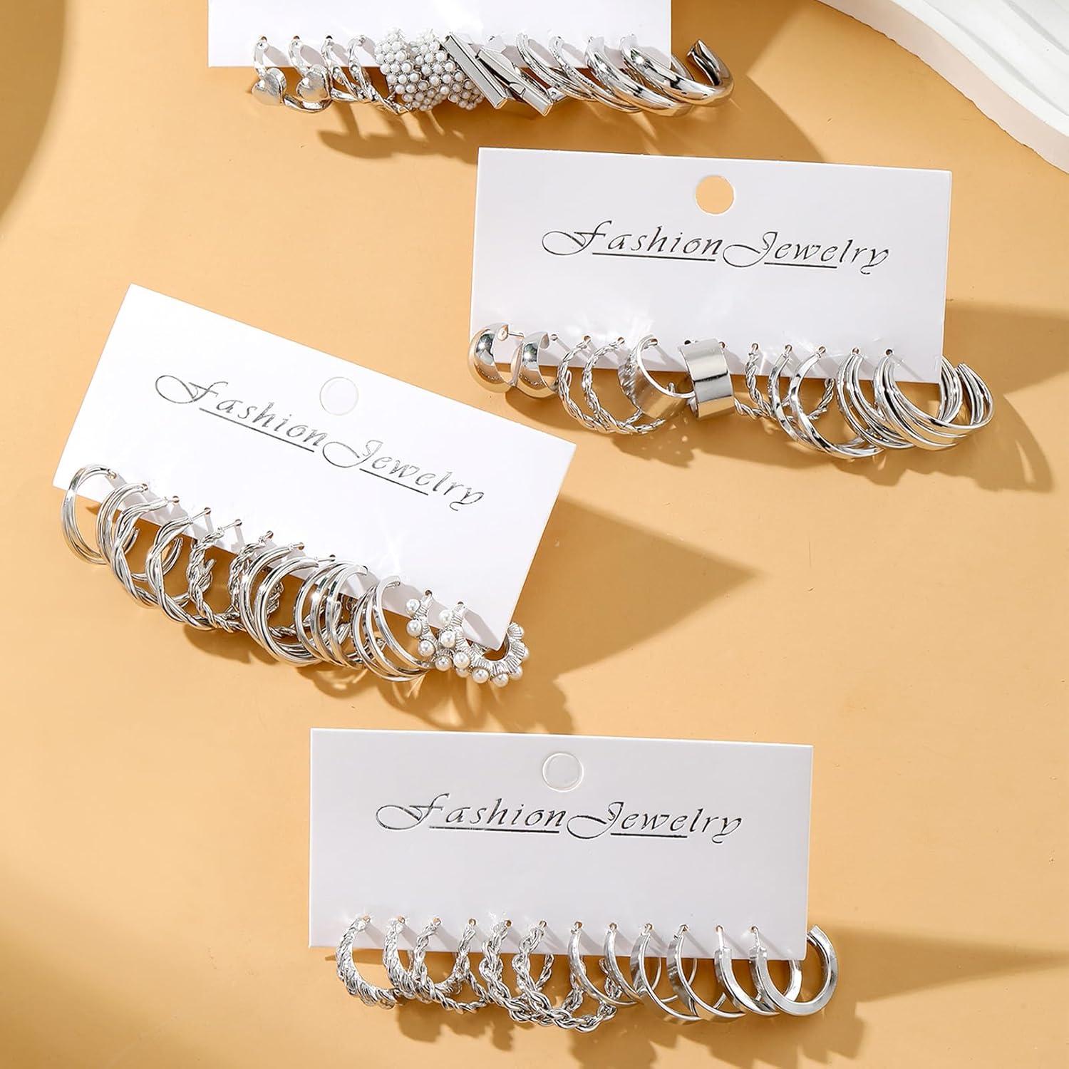 image1624 Pairs Gold Silver Black Earring Set for Women Chunky Earring Multipack Punk Trendy Big Small Stud Hoop Earring Lightweight Twisted Pearl Ear Pack For Daily Birthday Party GiftSilver