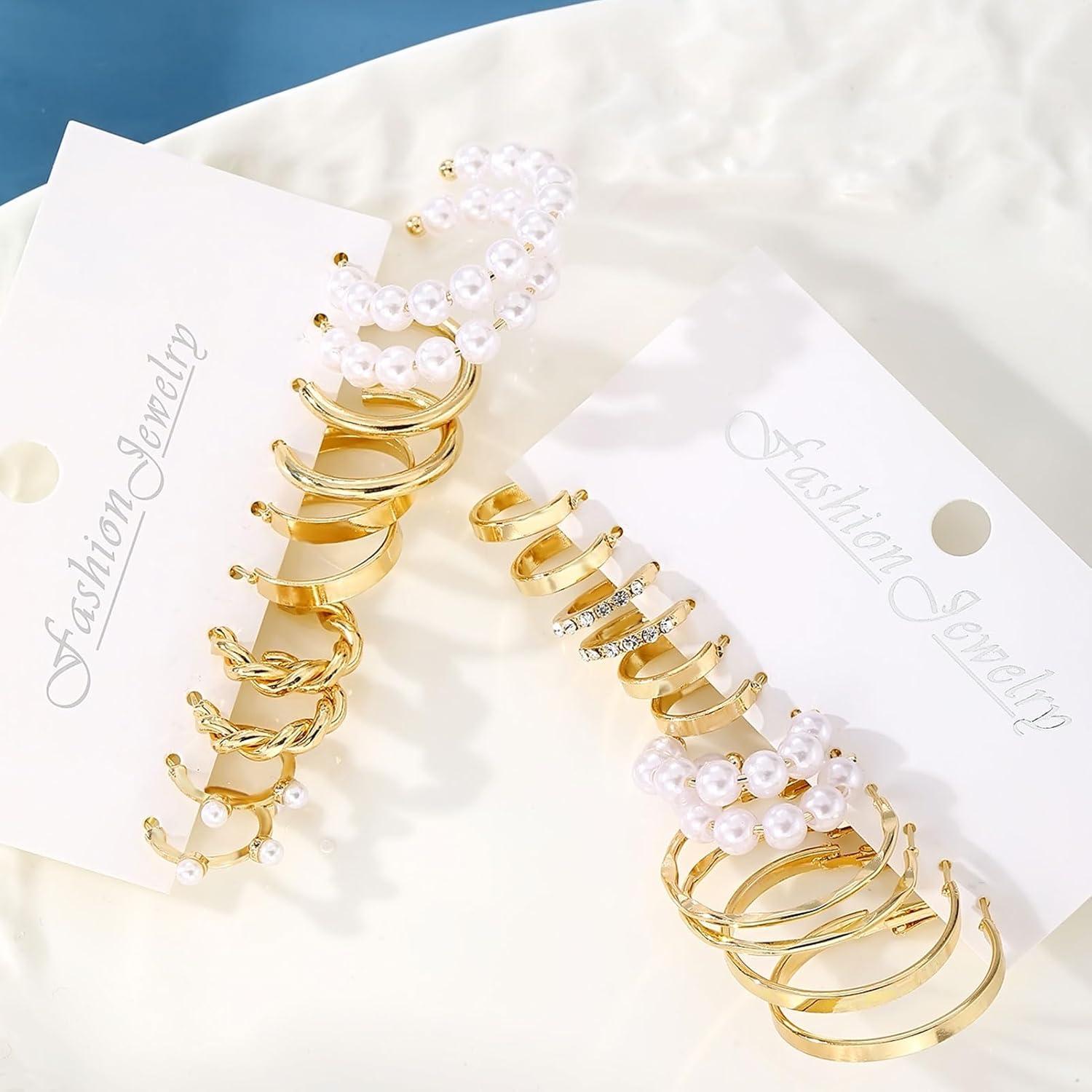image17IF 10 Pairs Gold Hoop Earring Set for Women14K Gold Chunky Punk Earring Multipack Smooth Surface Trendy Big Small Stud Earring Lightweight Twisted Pearl Ear Pack For Birthday Party Gift