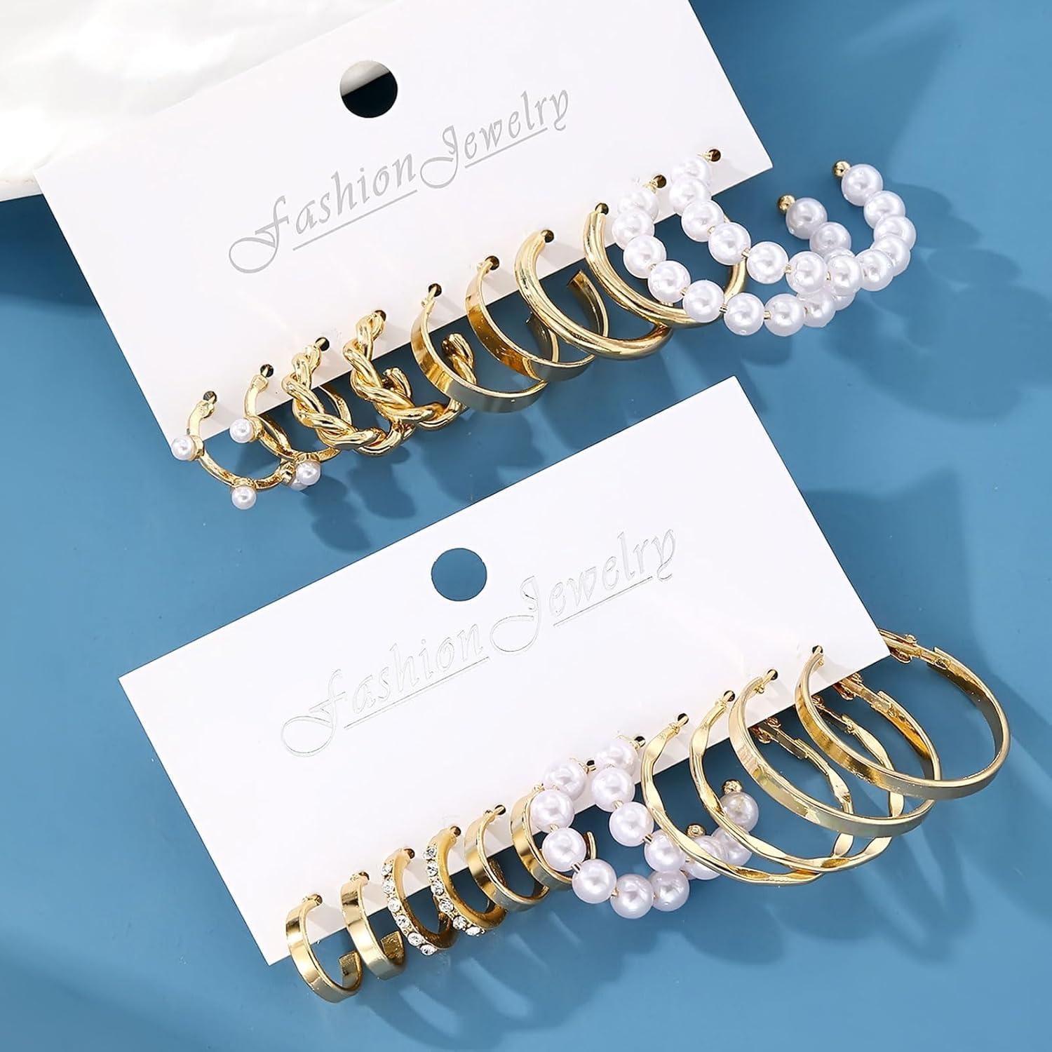 image17IF 10 Pairs Gold Hoop Earring Set for Women14K Gold Chunky Punk Earring Multipack Smooth Surface Trendy Big Small Stud Earring Lightweight Twisted Pearl Ear Pack For Birthday Party Gift