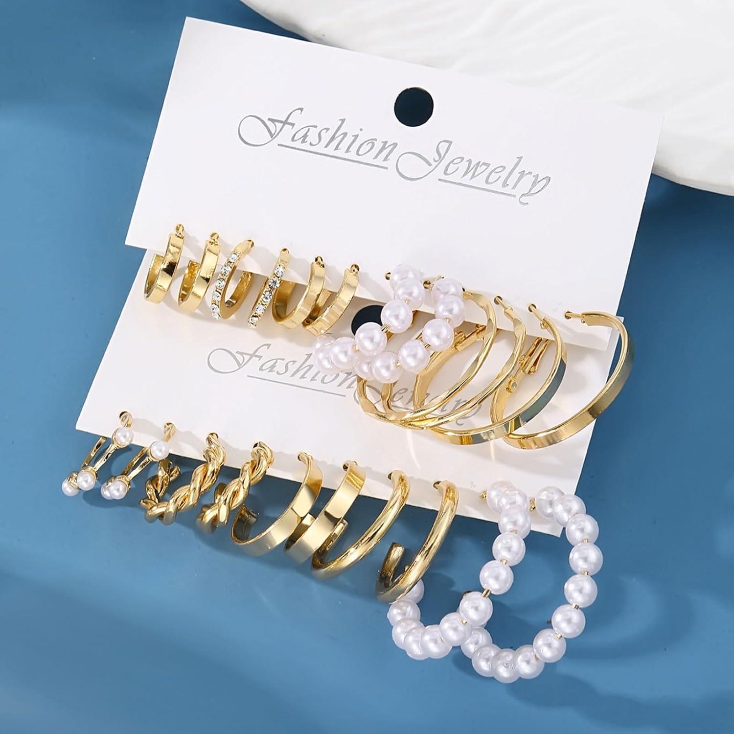 image17IF 10 Pairs Gold Hoop Earring Set for Women14K Gold Chunky Punk Earring Multipack Smooth Surface Trendy Big Small Stud Earring Lightweight Twisted Pearl Ear Pack For Birthday Party Gift