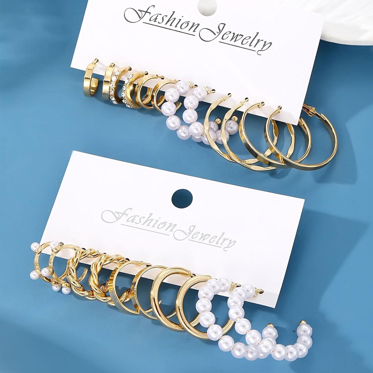 image17IF 10 Pairs Gold Hoop Earring Set for Women14K Gold Chunky Punk Earring Multipack Smooth Surface Trendy Big Small Stud Earring Lightweight Twisted Pearl Ear Pack For Birthday Party Gift