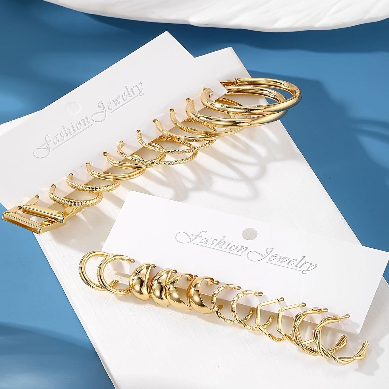 image17IF 12 Pairs Golden Hoop Earring Set for Women Chunky Smooth Surface Trendy Small to Big Stud Earring Lightweight Twisted Pearl Ear PackAA