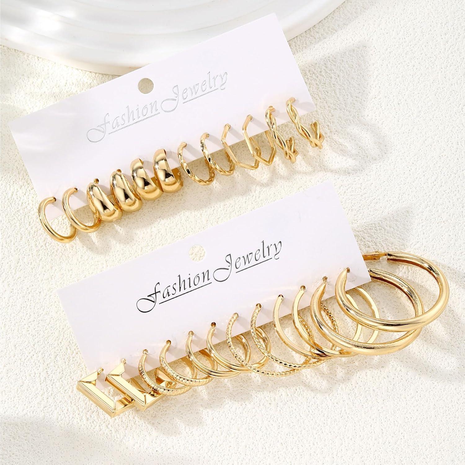image17IF 12 Pairs Golden Hoop Earring Set for Women Chunky Smooth Surface Trendy Small to Big Stud Earring Lightweight Twisted Pearl Ear PackAA