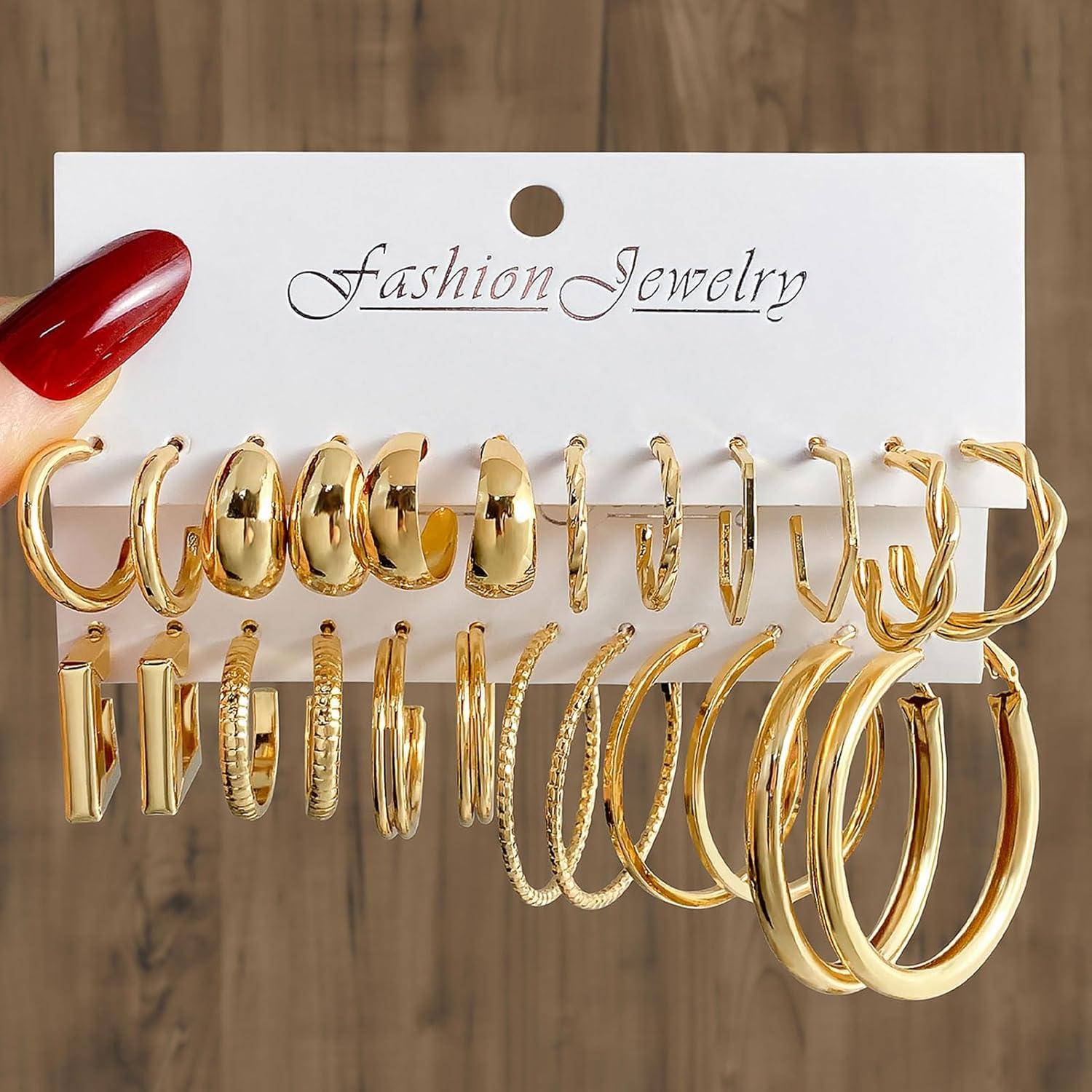 image17IF 12 Pairs Golden Hoop Earring Set for Women Chunky Smooth Surface Trendy Small to Big Stud Earring Lightweight Twisted Pearl Ear PackAA