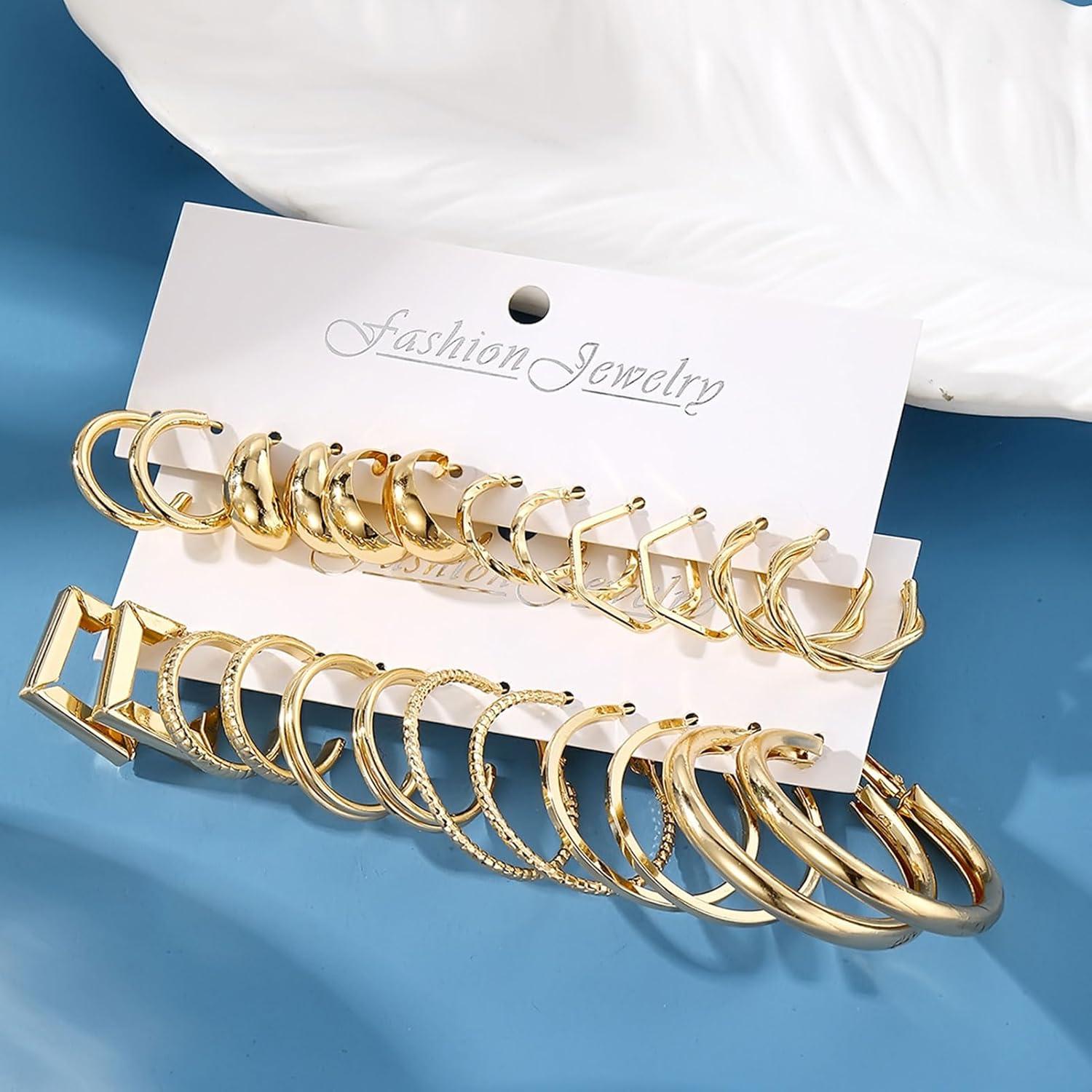 image17IF 12 Pairs Golden Hoop Earring Set for Women Chunky Smooth Surface Trendy Small to Big Stud Earring Lightweight Twisted Pearl Ear PackAA