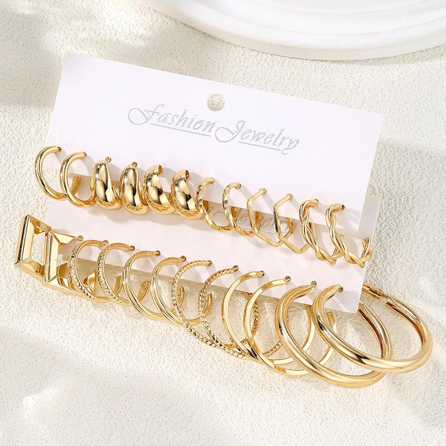 image17IF 12 Pairs Golden Hoop Earring Set for Women Chunky Smooth Surface Trendy Small to Big Stud Earring Lightweight Twisted Pearl Ear PackAA