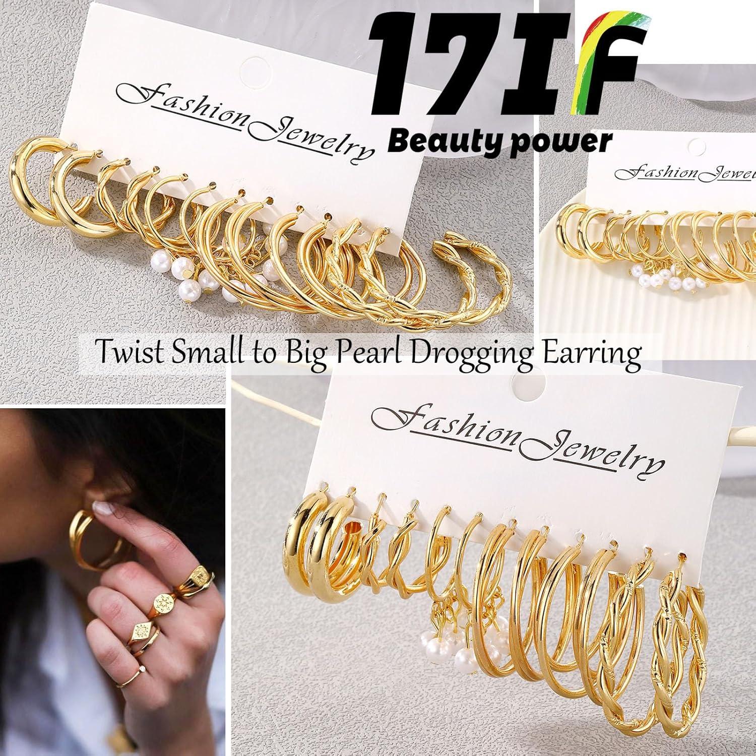 image17IF 12 Pairs Golden Hoop Earring Set for Women Chunky Smooth Surface Trendy Small to Big Stud Earring Lightweight Twisted Pearl Ear PackB