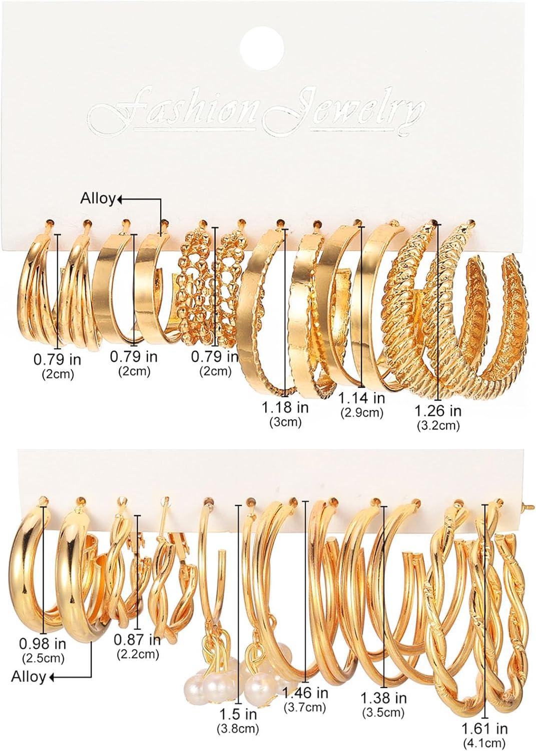 image17IF 12 Pairs Golden Hoop Earring Set for Women Chunky Smooth Surface Trendy Small to Big Stud Earring Lightweight Twisted Pearl Ear PackB