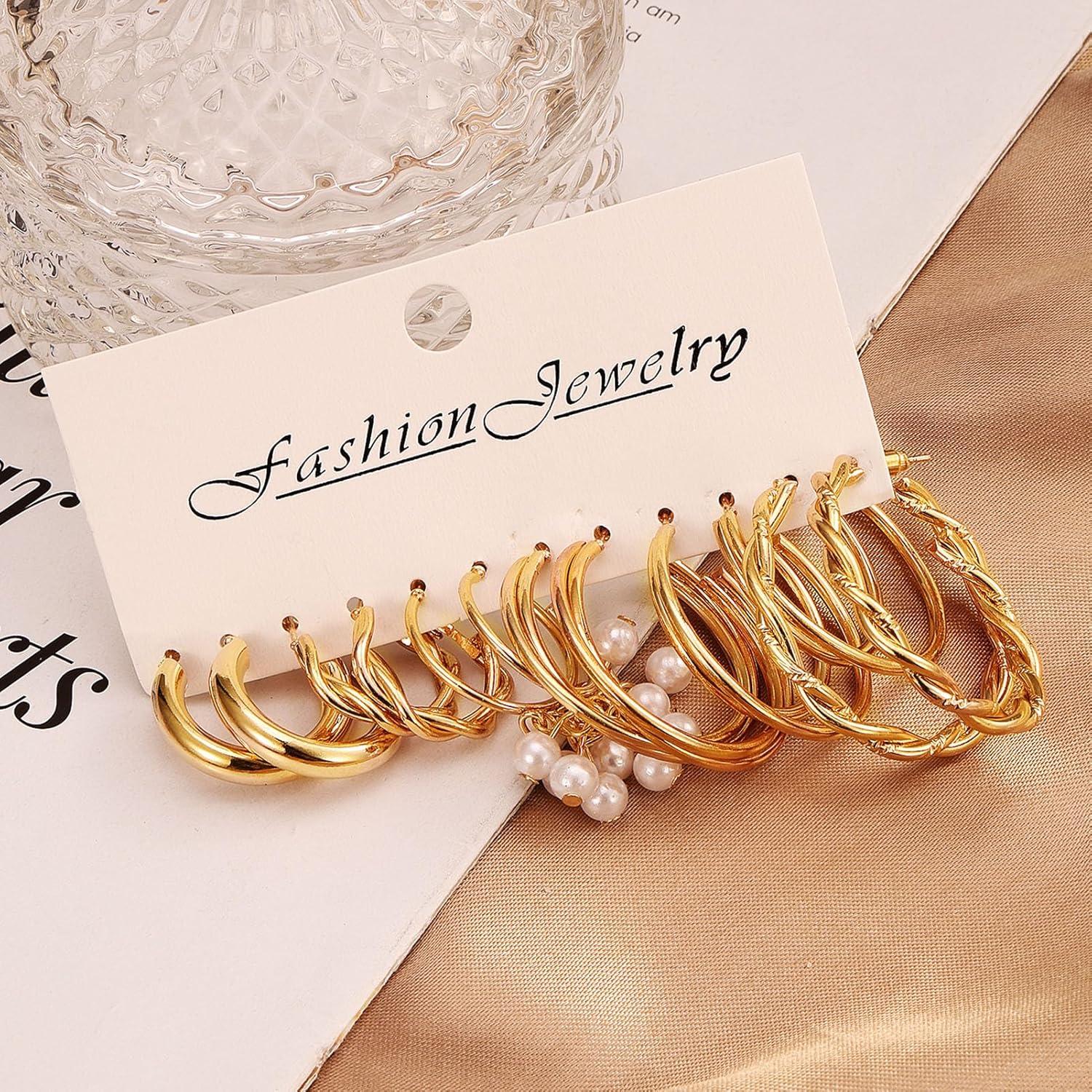 image17IF 12 Pairs Golden Hoop Earring Set for Women Chunky Smooth Surface Trendy Small to Big Stud Earring Lightweight Twisted Pearl Ear PackB