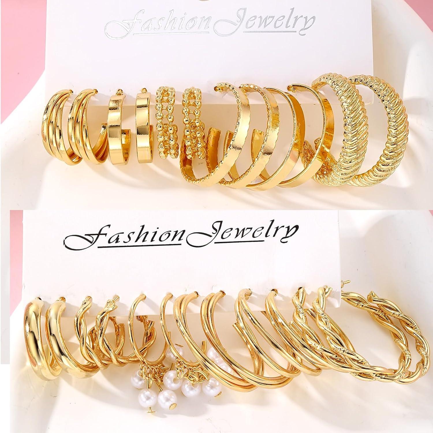 image17IF 12 Pairs Golden Hoop Earring Set for Women Chunky Smooth Surface Trendy Small to Big Stud Earring Lightweight Twisted Pearl Ear PackB
