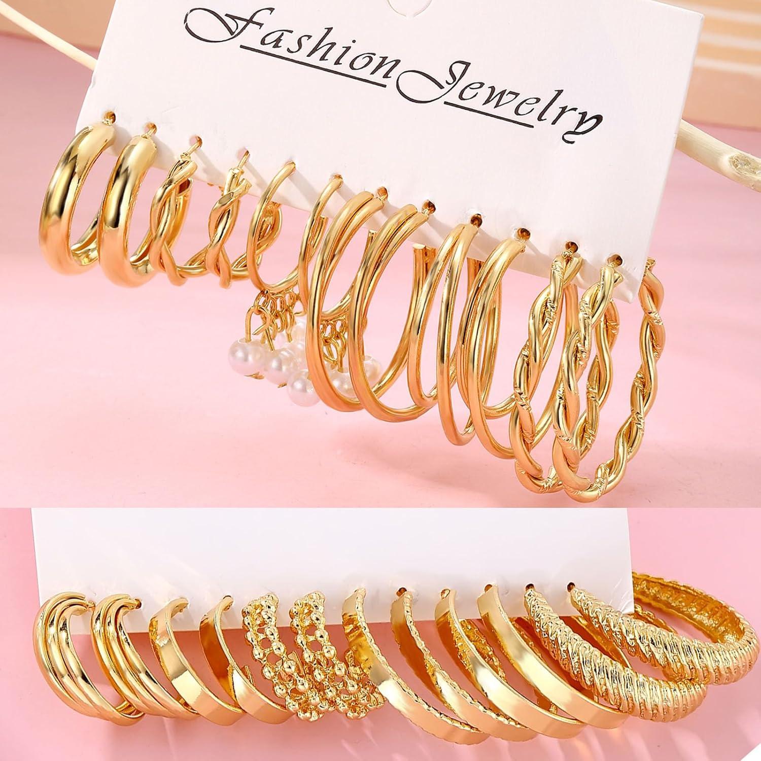 image17IF 12 Pairs Golden Hoop Earring Set for Women Chunky Smooth Surface Trendy Small to Big Stud Earring Lightweight Twisted Pearl Ear PackB