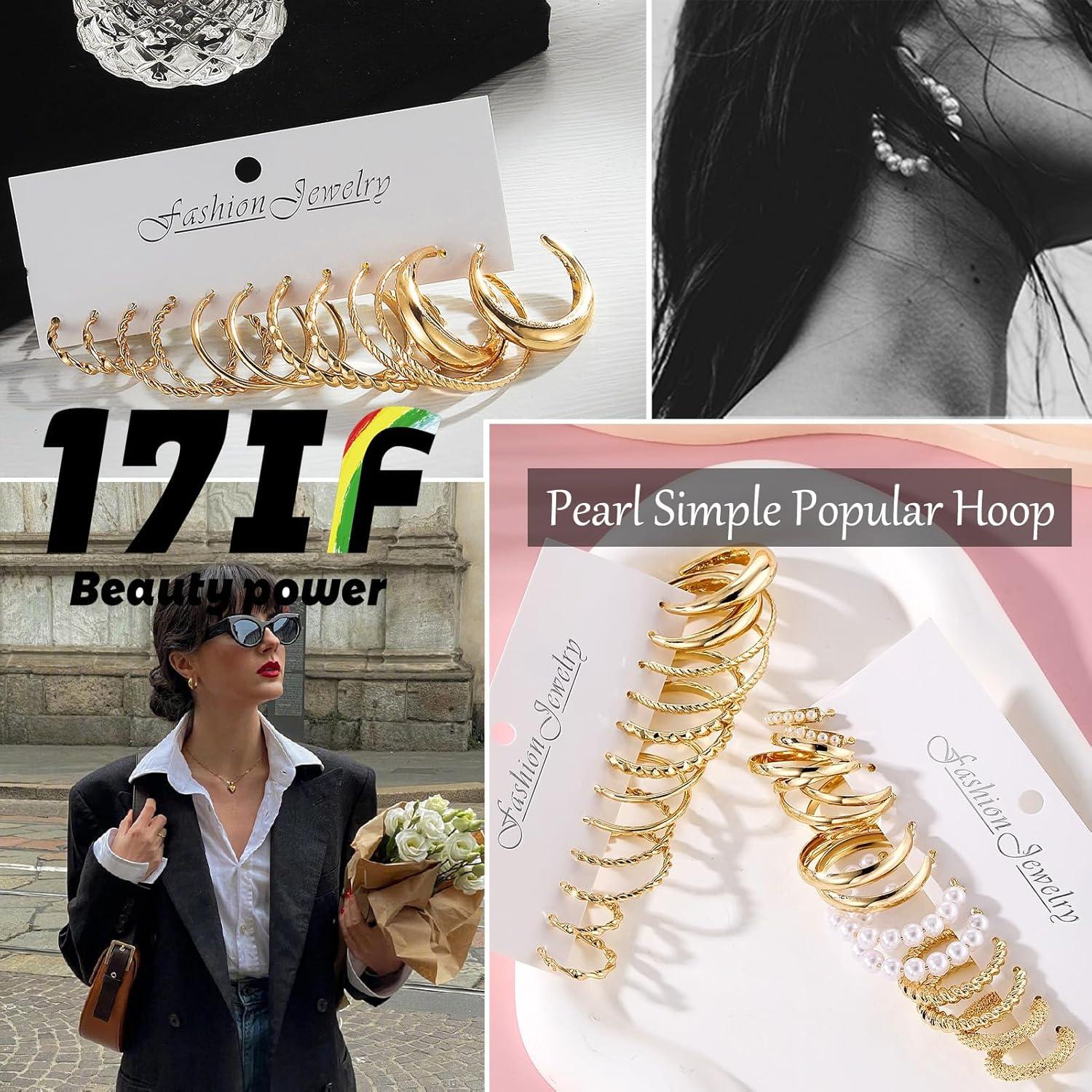 image17IF 12 Pairs Golden Hoop Earring Set for Women Chunky Smooth Surface Trendy Small to Big Stud Earring Lightweight Twisted Pearl Ear PackC