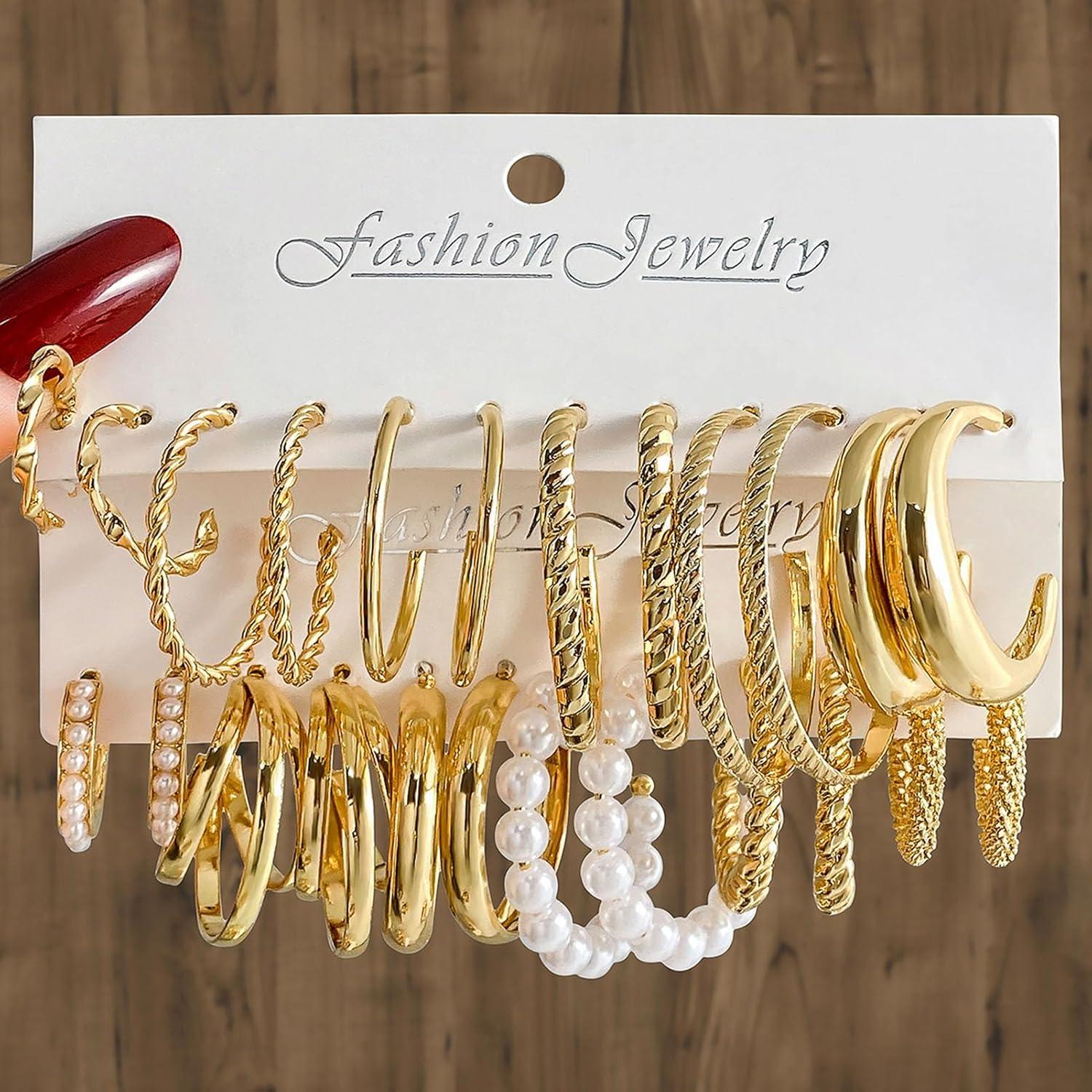 image17IF 12 Pairs Golden Hoop Earring Set for Women Chunky Smooth Surface Trendy Small to Big Stud Earring Lightweight Twisted Pearl Ear PackC