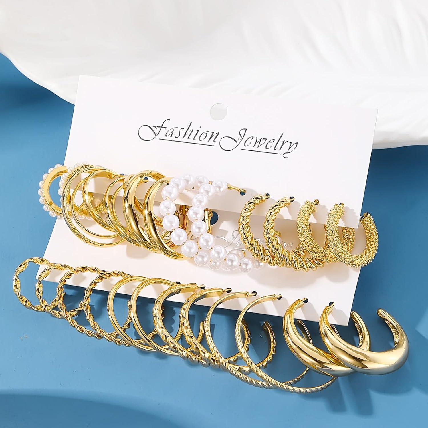 image17IF 12 Pairs Golden Hoop Earring Set for Women Chunky Smooth Surface Trendy Small to Big Stud Earring Lightweight Twisted Pearl Ear PackC