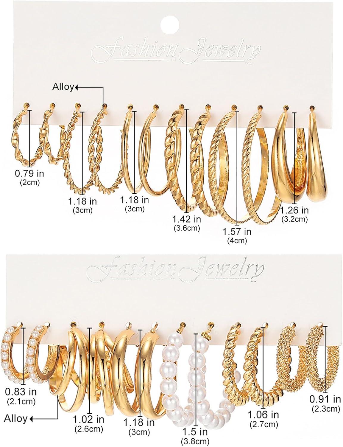 image17IF 12 Pairs Golden Hoop Earring Set for Women Chunky Smooth Surface Trendy Small to Big Stud Earring Lightweight Twisted Pearl Ear PackC