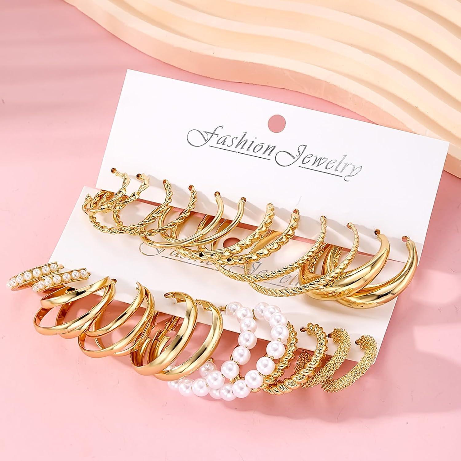 image17IF 12 Pairs Golden Hoop Earring Set for Women Chunky Smooth Surface Trendy Small to Big Stud Earring Lightweight Twisted Pearl Ear PackC