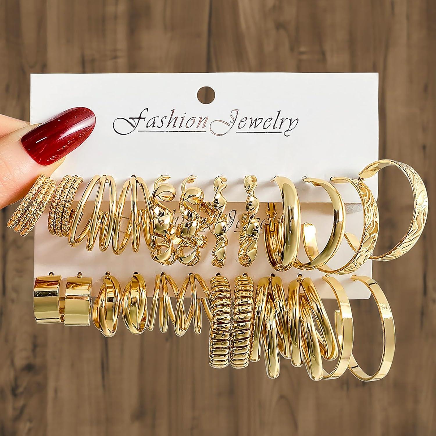 image17IF 12 Pairs Golden Hoop Earring Set for Women Chunky Smooth Surface Trendy Small to Big Stud Earring Lightweight Twisted Pearl Ear PackD