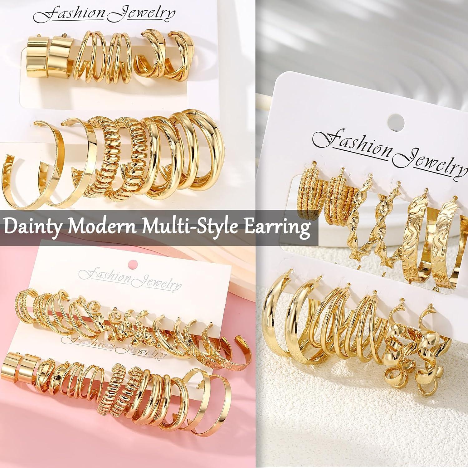 image17IF 12 Pairs Golden Hoop Earring Set for Women Chunky Smooth Surface Trendy Small to Big Stud Earring Lightweight Twisted Pearl Ear PackD
